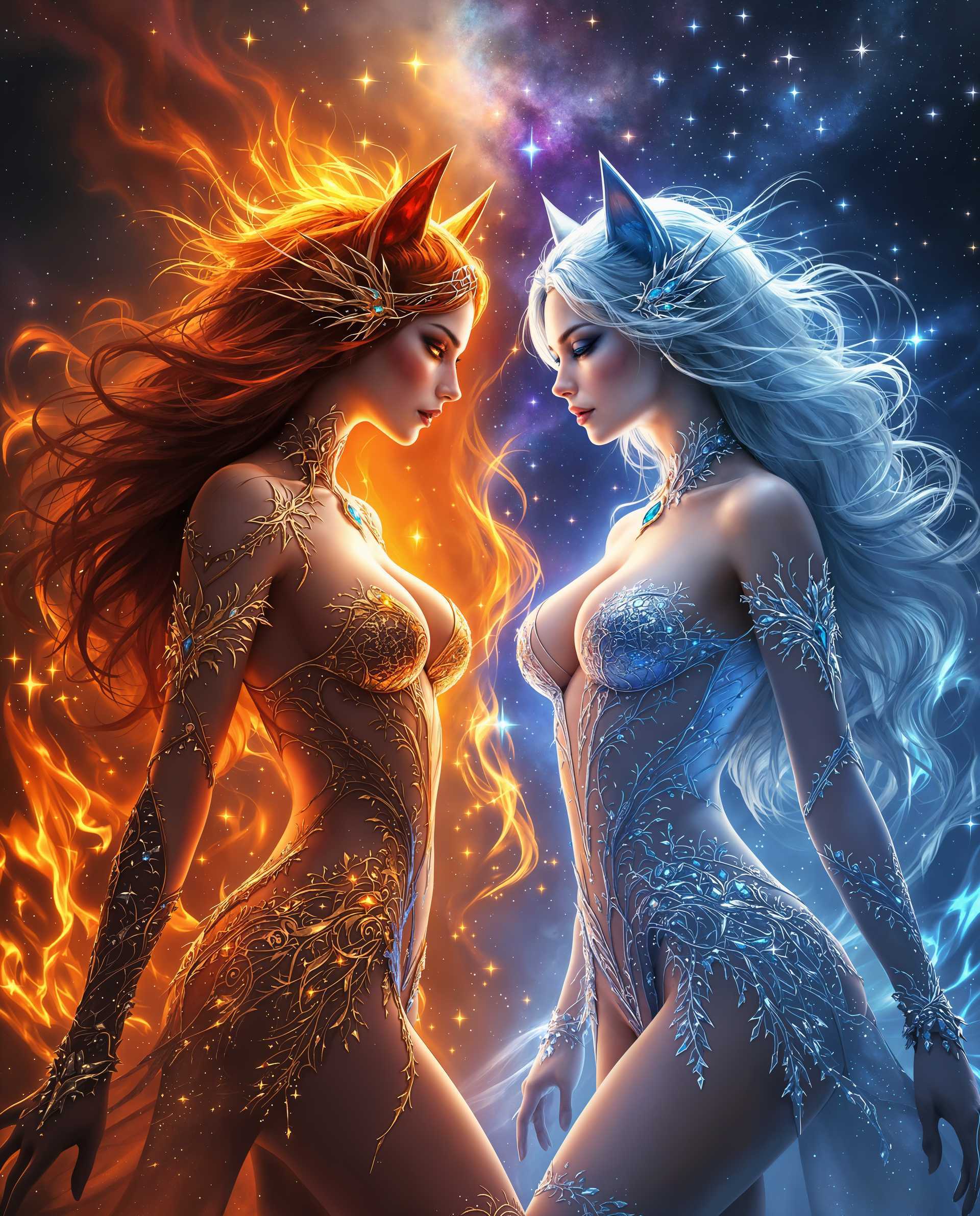 masterpiece, best quality, highres, sharp image, more detail <lora:more_details:0.5> <lora:SDXLrender_v2.0:1>, masterpiece, best quality, highres, sharp image, more detail, A highly detailed and vibrant digital painting of two female realistic characters, embodying the elemental themes of fire and ice, set against a cosmic background. On the left, the fire-themed character is surrounded by dynamic, roaring flames with glowing embers and intense heat waves, her costume adorned with intricate patterns of molten gold and fiery red lace, reflecting the flickering light of fire. Her piercing eyes burn with a warm amber glow, and her flowing hair seems to ignite with streaks of orange and crimson. On the right, the ice-themed character stands amidst shimmering frost and jagged icicles, her attire featuring delicate silver embroidery and translucent blue fabrics that mimic frozen crystal, catching the cool light. Her eyes shimmer with an icy teal, and her hair cascades like a frozen waterfall, accented with frosty whites and pale blues. Both characters have subtle animal-like ears, hinting at their otherworldly, anthropomorphic nature, and wear suggestive, elegant costumes with low-cut bodices, thigh-high stockings, and jeweled embellishments that enhance their fantastical allure.

The composition is split diagonally, with the fiery left side contrasting sharply against the icy right, creating a striking visual balance. The characters are positioned dynamically, facing each other with intense gazes, as if locked in an elemental duel, captured from a slightly low angle to emphasize their power and presence. The lighting is dramatic, with warm, golden hues illuminating the fire side and cool, silvery tones casting soft shadows on the ice side, enhancing the depth and dimension of the scene. The background is a breathtaking cosmic vista, filled with swirling nebulae in deep purples and blues, scattered stars twinkling like distant diamonds, and ethereal energy patterns that suggest a living, pulsating universe. The interplay of light and dark in the cosmos adds a sense of movement and grandeur, framing the characters as celestial beings.

The mood is intense and otherworldly, evoking a sense of epic conflict and harmony between opposing forces, set during an eternal twilight where neither day nor night fully reigns. The atmosphere is charged with magical energy, with subtle wisps of smoke and frost mingling at the center where fire and ice collide. Rendered in a hyper-realistic digital art style inspired by realistic and concept art, with smooth color blending, meticulous attention to texture in the costumes and elemental effects, and a cinematic quality that captures every intricate detail, from the reflective sheen of ice to the glowing warmth of flames.