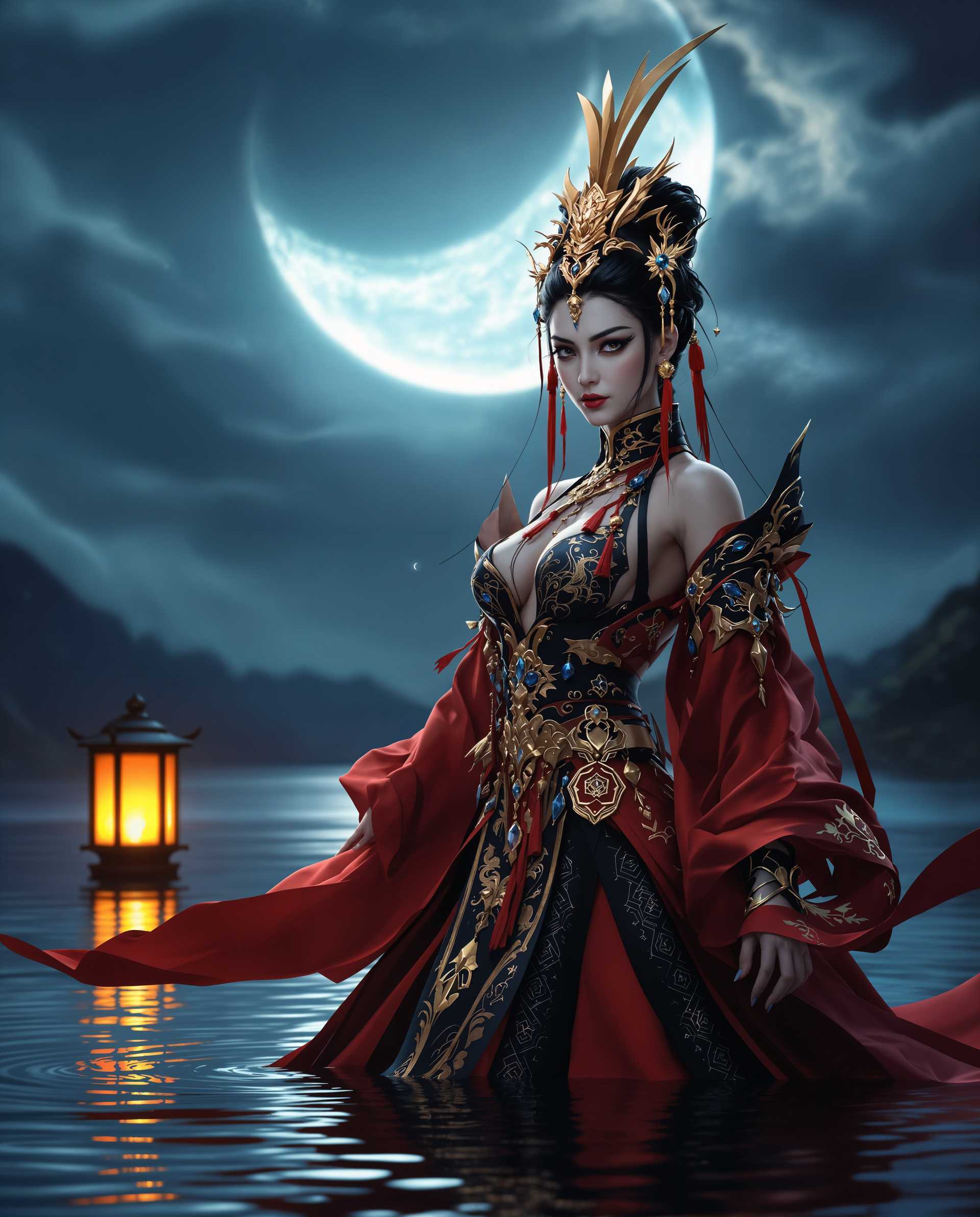 masterpiece, best quality, highres, sharp image, more detail <lora:more_details:0.5> <lora:SDXLrender_v2.0:1>, masterpiece, best quality, highres, sharp image, more detail, A hyper-realistic digital photograph of a powerful female figure in a dynamic, commanding stance, captured as if through a high-resolution 3D render. The art style is photorealistic, with meticulous attention to intricate textures, vibrant colors, and lifelike details in every element of the composition. The lighting is expertly crafted, featuring dramatic chiaroscuro with soft ambient glows and sharp highlights that enhance the depth and realism of the scene, casting subtle shadows across the figure and background.

The color palette is rich and striking, dominated by deep, passionate reds, cool, calming blues, and opulent golds. The reds evoke energy and intensity, the blues provide a serene contrast, and the golds lend a regal, luxurious touch, accentuating the figure’s majestic presence. The female figure is adorned in an elaborate costume, blending textures and patterns with stunning precision: a black bodice with intricate gold embroidery and embellishments, paired with a flowing deep red skirt layered over a black underlay. The skirt is adorned with cascading blue gemstones and golden tassels that shimmer with every movement, reinforcing her powerful and noble aura.

Her hair is styled in a traditional, elegant updo, with strands of red and blue cascading down her back, blending seamlessly with her attire. A striking golden headpiece crowns her head, featuring a curved blade protruding upward, symbolizing her warrior or aristocratic status. Her expression is intense yet composed, exuding confidence and mystique, with subtle makeup enhancing her sharp, regal features.

The background features a tranquil body of water under a night sky, reflecting the pale, silvery light of a crescent moon. A traditional lantern floats gently on the water’s surface, emitting a warm, golden glow that contrasts with the cool blues of the water and the deep indigo of the sky, adding a touch of serenity to the scene. The composition is framed with the figure positioned centrally, slightly off to one side in a three-quarter view, with a low camera angle that emphasizes her towering presence and strength. The water and lantern are softly blurred in the background, maintaining focus on the figure while adding depth to the scene.

The overall mood is one of mystique, elegance, and raw power, set during a quiet, moonlit night with a subtle interplay of warm and cool tones. The atmosphere is immersive, blending serenity with intensity, rendered with hyper-detailed textures, photorealistic skin tones, and cinematic lighting, creating a visually captivating and cohesive masterpiece.