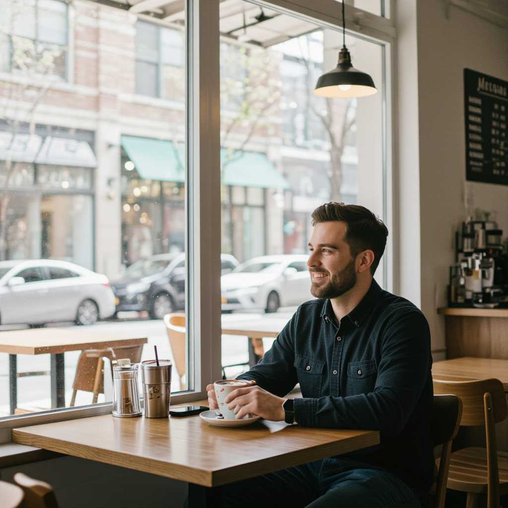 a photo of a man sitting in a cafe