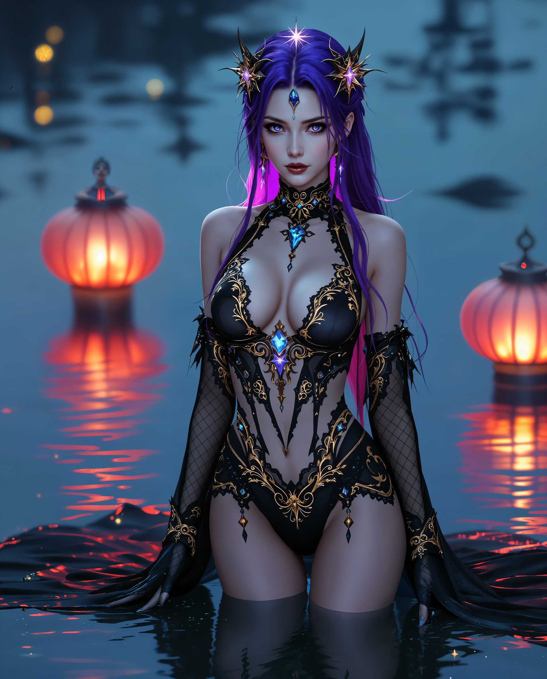 masterpiece, best quality, highres, sharp image, more detail <lora:more_details:0.5> <lora:SDXLrender_v2.0:1>, masterpiece, best quality, highres, sharp image, more detail, A breathtaking fantasy art style portrait of a female character, blending gothic and mystical elements, captured with photorealistic detail. She stands barefoot on a reflective, glassy water surface, her poised figure centered in the frame, exuding elegance and enigma. Her costume is a striking mix of gothic and fantasy design, predominantly black with intricate gold and blue accents—featuring a high-neckline bodice with a deep V-cut, adorned with gold detailing and a glowing blue gemstone at the center, paired with matching shorts edged with delicate lace trim and ornate patterns. Long, sheer black gloves with gold-embellished cuffs cover her arms, adding a layer of sophistication. Her deep purple hair cascades in long, flowing waves, highlighted with lighter purple tones, and is crowned with a starlike headpiece shimmering in pink and purple hues, contrasting the dark theme. Her fair skin and delicate facial features carry a neutral, serene expression, enhancing her ethereal presence.

The background features two traditional East Asian lanterns with a warm red glow, floating gently above the water, their reflections rippling softly on the surface, creating a serene and mystical ambiance. The scene is bathed in soft, diffused lighting, casting gentle shadows and subtle highlights that emphasize the three-dimensional textures of her costume and the reflective water. The color palette is cool and harmonious, dominated by shades of blue, purple, and black, with the warm red of the lanterns providing a striking contrast. The composition is balanced, with the character as the focal point, framed by the reflective water and glowing lanterns, shot from a low-angle perspective to enhance her commanding presence. The mood is one of fantasy and mystery, tinged with grace, set during a tranquil twilight hour, evoking a dreamlike atmosphere with cinematic depth and realism.