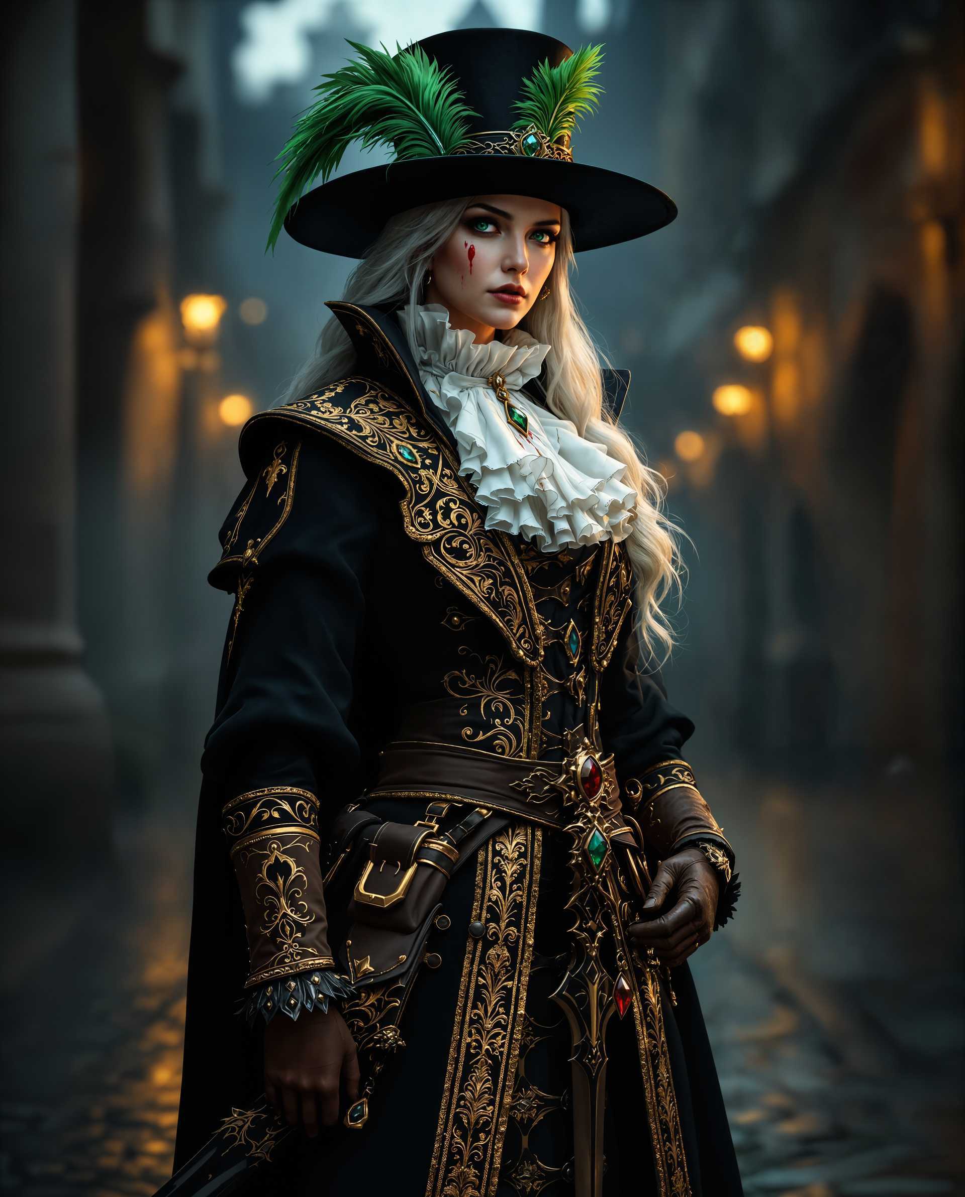 masterpiece, best quality, highres, sharp image, more detail <lora:more_details:0.5> <lora:SDXLrender_v2.0:1>, masterpiece, best quality, highres, sharp image, more detail, A hyper-realistic photograph of a striking female figure in a historical fantasy setting, captured with meticulous attention to detail. The subject stands in a commanding pose, centered in the frame with a low camera angle that emphasizes her imposing presence and regal stature. She is dressed in an ornate, luxurious costume that blends 17th-century European nobility with dark fantasy elements. Her attire features a high-collared black coat with intricate gold embroidery, pronounced shoulder pads, and a tailored fit that exudes authority. A white ruffled cravat, stained with subtle traces of blood, adds a dramatic and ominous touch to her ensemble. Her tall, conical hat, with a wide black brim and a brown band, is adorned with a vibrant green feather and a shimmering green gemstone, creating a striking contrast against the dark tones. She wields a long, ornate sword with a curved blade, its hilt embedded with a deep red gemstone and paired with a detailed brown scabbard hanging from a belt equipped with pouches and buckles, hinting at a life of adventure. Her brown gloves, with intricately designed cuffs, complement the earthy, moody palette of black, gold, and brown that dominates the scene. The subject’s white hair cascades dramatically, catching the soft, diffused light and adding an ethereal quality. The background is a dimly lit, misty environment, perhaps a cobblestone street or ancient castle courtyard at twilight, enhancing the mysterious and epic atmosphere. The lighting is cinematic, with a warm, golden glow illuminating the figure from the side, casting subtle shadows that highlight the textures of the fabric and the gleam of the metallic embroidery. The overall mood is intense and enigmatic, evoking a sense of readiness for battle or a pivotal moment in a grand narrative, rendered in a hyper-realistic style with a touch of fantastical stylization, reminiscent of Baroque portraiture combined with modern dark fantasy aesthetics. Highly detailed, 8K resolution, with a focus on photorealistic textures, dramatic chiaroscuro lighting, and a cohesive, immersive composition.