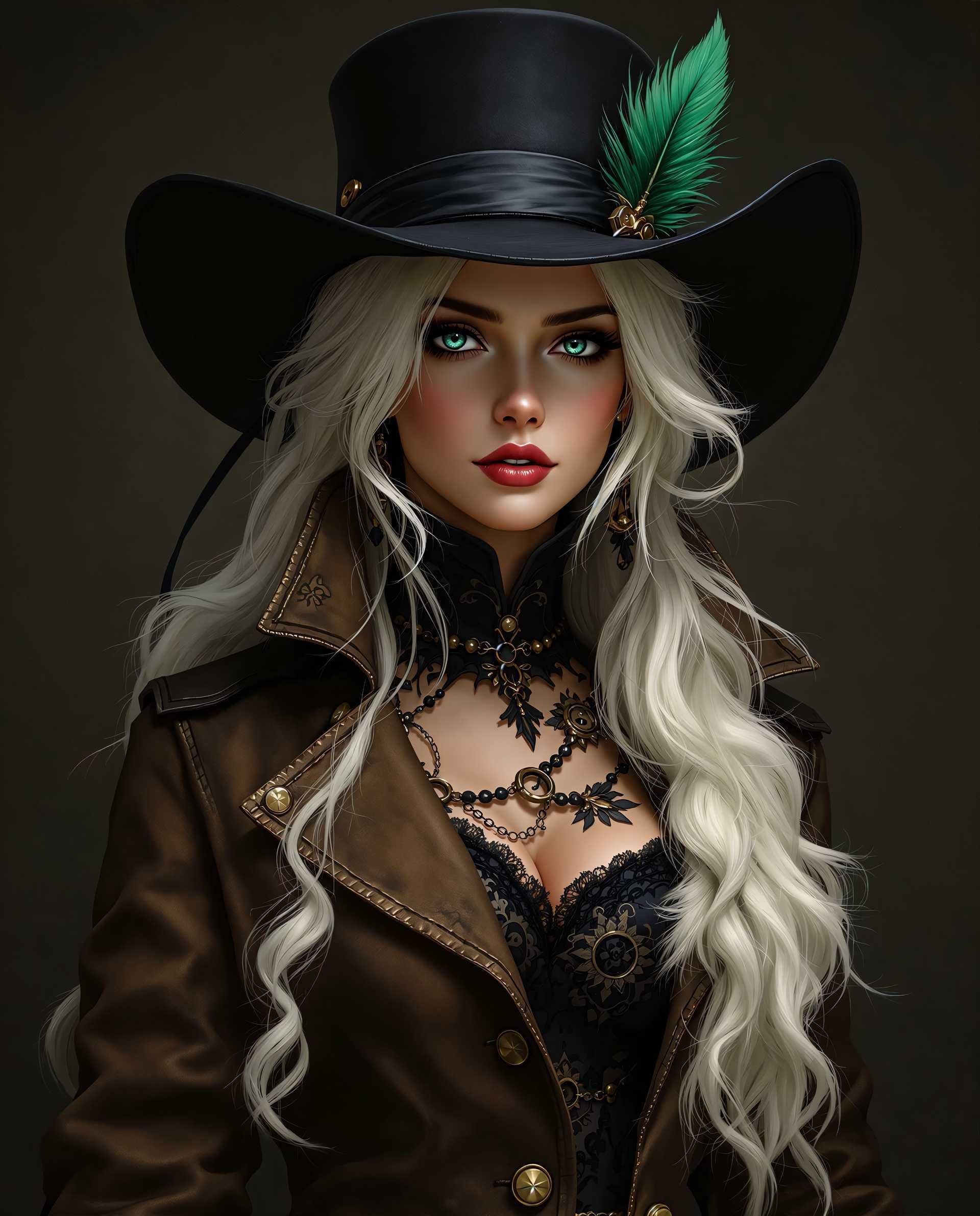 masterpiece, best quality, highres, sharp image, more detail <lora:more_details:0.5> <lora:SDXLrender_v2.0:1>, A hyper-realistic digital painting of a female character, captured as if in a high-definition photograph, embodying a blend of fantasy and steampunk aesthetics. The subject stands in a three-quarter pose, framed centrally with a slight low-angle perspective, emphasizing her commanding presence. Her appearance is meticulously detailed, featuring long, flowing white hair that cascades in loose waves, partially tied back with a dark ribbon, contrasting sharply against a shadowy, textured background of deep charcoal and muted sepia tones. She wears a wide-brimmed black hat, adorned with two polished buttons and a vibrant green feather that injects a subtle hint of nature into the composition. Her attire consists of a high-collared, rugged brown jacket with intricate stitching and weathered patterns, layered over a black undergarment with delicate, ornate designs, and accented by a white fur trim at the collar, evoking a sense of both practicality and elegance. The interplay of dramatic lighting and shadow sculpts a three-dimensional effect, with soft, warm highlights illuminating the contours of her face, hat, and clothing, while deep, cool shadows create depth and mystery. The color palette is dominated by rich, dark tones—deep browns, blacks, and grays—balanced by the striking white of her hair and the vivid green feather, crafting a moody, atmospheric ambiance reminiscent of a foggy, early morning in a Victorian-inspired fantasy world. The textures are hyper-detailed, from the worn leather of the jacket to the soft sheen of the fur trim and the intricate gradients of her hair, rendered with the precision of a master digital artist. The overall mood is enigmatic and captivating, with a cinematic quality that draws the viewer into the character's story, enhanced by the seamless blending of colors and a photorealistic finish.