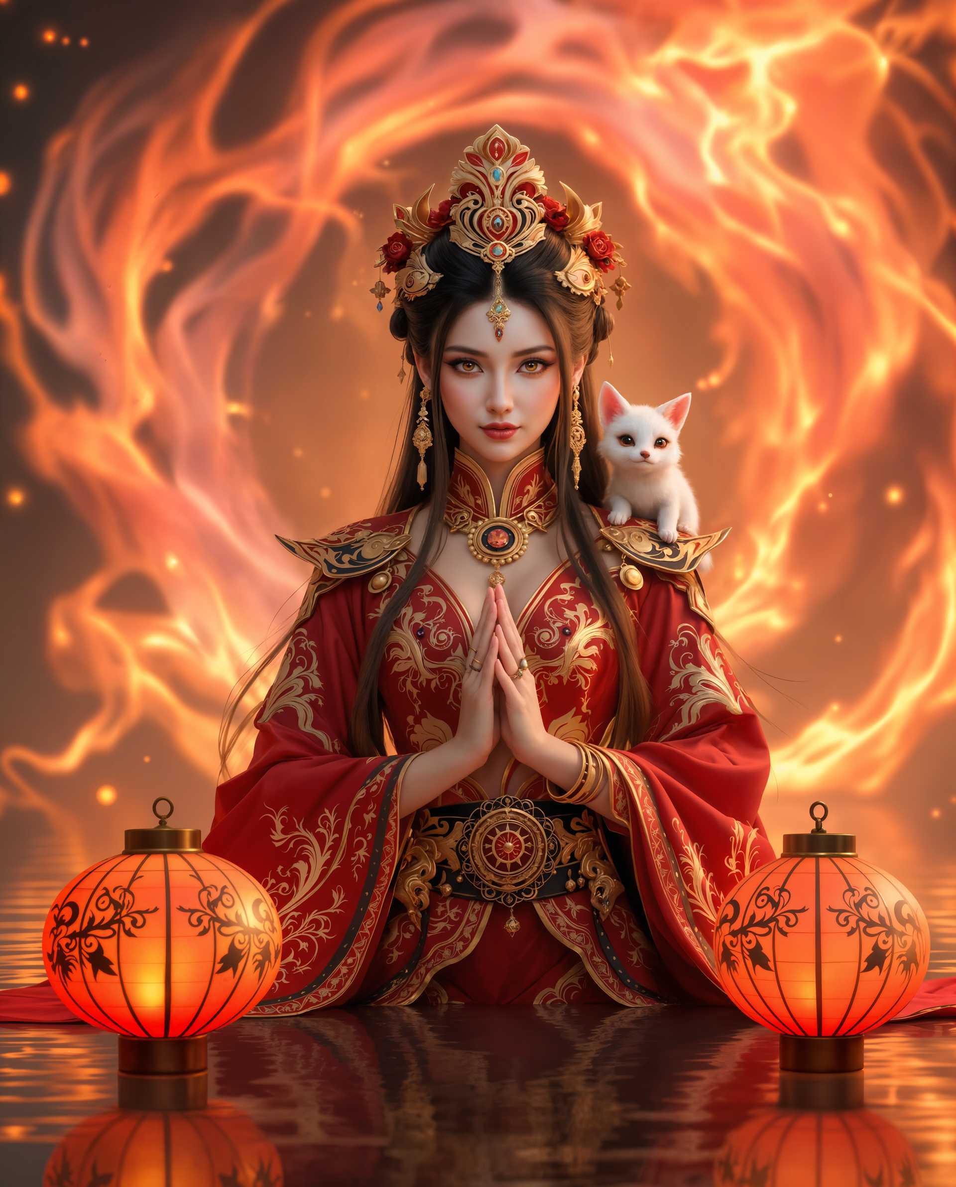 masterpiece, best quality, highres, sharp image, more detail <lora:more_details:0.5> <lora:SDXLrender_v2.0:1>, masterpiece, best quality, highres, sharp image, more detail, A hyper-realistic digital photograph of a captivating female figure, posed dynamically in a fantastical setting. She wears a striking, elaborate outfit in vibrant red with intricate gold and black accents, blending traditional and fantasy elements. The costume features detailed patterns evoking flames and feathers, adorned with a belt bearing a circular ornament, matching bracelets, and rings. Her long, flowing hair cascades down her back, decorated with whimsical fox figurines, adding a playful charm. Her piercing yellow eyes contrast vividly against her fair skin and the rich, warm tones of her attire. Surrounding her is a dramatic, magical aura of swirling flames in hues of pink, orange, and yellow, creating depth and mystique in the background. In the foreground, two traditional Asian-inspired lanterns with ornate, curved designs float gently on still water, enhancing the serene yet otherworldly atmosphere. A small, mythical white fox-like creature with pink-tipped ears and nose perches delicately on her shoulder, adding to the enchantment. The composition is framed with the female figure centrally positioned, captured from a slight low angle to emphasize her commanding presence. The color palette is warm and vibrant, dominated by reds, golds, pinks, and oranges, with soft, diffused lighting casting gentle shadows for a three-dimensional effect. The mood is one of fantasy, mystery, and wonder, set during twilight with a dreamy, ethereal ambiance. Rendered in a hyper-detailed, photorealistic style with a focus on texture, intricate costume design, and cinematic depth of field.