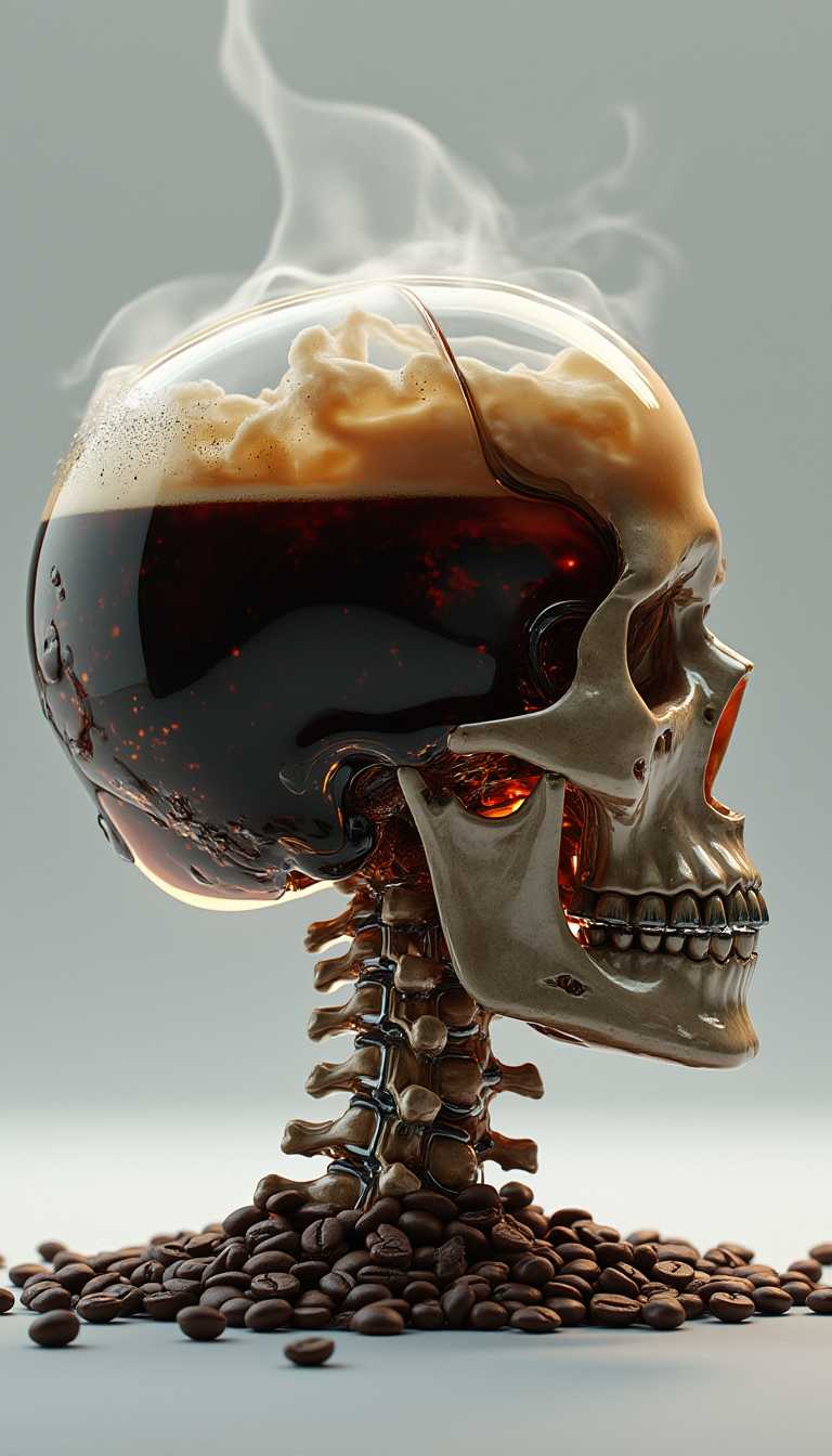 Photorealistic surreal image of a biomechanical human skull in profile, resting on a flat surface, facing right.
The lower half of the skull—cheekbones, nose cavity, and jaw—is made of textured, aged bone with realistic wear. The skull sits on a clean, matte surface under bright, diffused studio lighting with a neutral white balance, creating a crisp, clinical atmosphere.

From the brow ridge upward, the cranium is composed of a clear, glass-like dome. Inside, the skull is filled nearly to the top with dark, rich coffee, with just a narrow air gap remaining at the top. The coffee’s surface is dotted with tiny foam bubbles and edged by a faint foam ring. Cream swirls throughout the coffee in cloudy tendrils, caught mid-dispersion in a frozen, organic flow.

The spine and neck are composed of a series of connected glass-like vertebrae, each one transparent and also filled with dark coffee, continuing the liquid throughline downward. The coffee fills each vertebral segment fully, like a system of chambers. Thin glass connectors—rods, flexible joints, and wiring—link each vertebra, fusing biological form with crystalline design. At the base, the transparent vertebrae flow naturally into a subtle, biomechanical chest cavity—glass-like structures and tubing that continue the coffee-filled anatomy without forming a separate reservoir.

Scattered around the base of the skull on the surface are hundreds of roasted coffee beans, clearly visible but arranged sparingly to avoid distraction.

The background is soft gray, and the entire composition is captured using a 50mm lens at eye level, with sharp focus and a balanced, evenly lit frame that emphasizes texture, reflection, and fluid motion.