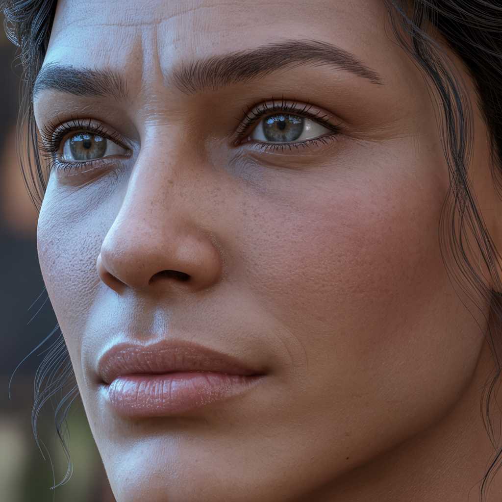 Close-up portrait of a womanwith detailed facial features, showing high-definition skin texture, visible pores, fine lines, and realistic lighting. The character has deep-set eyes with a sharp gaze, subtly arched eyebrows, and slight crow's feet. Detailed shadows contour the nose and cheekbones, while soft, natural lips with a hint of moisture give a lifelike look. The skin has a mix of cool and warm tones, with faint freckles across the bridge of the nose. Background: softly blurred to highlight facial details.
