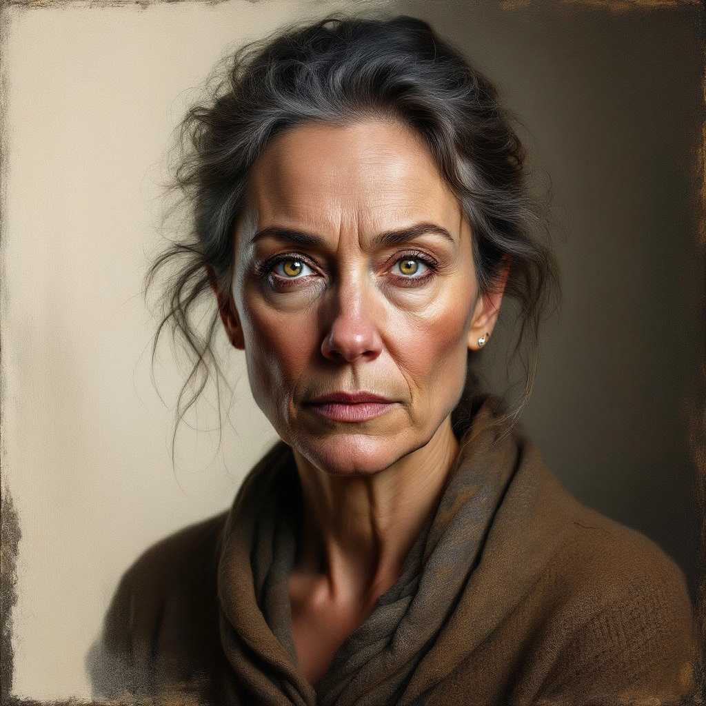 A captivating fine art portrait that transcends mere likeness, delving deep into the inner essence of the subject, revealing their profound resilience through subtle facial expressions and piercing, determined eyes. The style is photorealistic with a painterly touch, blending hyper-detailed textures of skin and fabric with soft, brushstroke-like edges that evoke emotion and depth, reminiscent of classical oil paintings by Rembrandt. The subject, a middle-aged individual with weathered features and a quiet strength, is positioned slightly off-center, gazing directly at the viewer with a powerful, unflinching stare, captured from a low-angle perspective to emphasize their enduring spirit. The background is a stark, minimalist void of muted charcoal gray, with faint, ethereal wisps of smoke curling around the subject, symbolizing past struggles and triumphs, contrasting with their unyielding presence. The lighting is dramatic, with a single, soft spotlight casting gentle highlights on the subject’s face, creating deep, velvety shadows that sculpt their features and add a sense of mystery. The mood is intense yet serene, evoking a late evening atmosphere of quiet reflection after a storm, with a color palette of warm sepia tones and cool grays harmonizing to create a timeless, introspective ambiance. Rendered with ultra-high detail, 8K resolution, focusing on intricate skin textures, delicate highlights in the eyes, and a cinematic depth of field to ensure the subject remains the emotional focal point of the composition.
