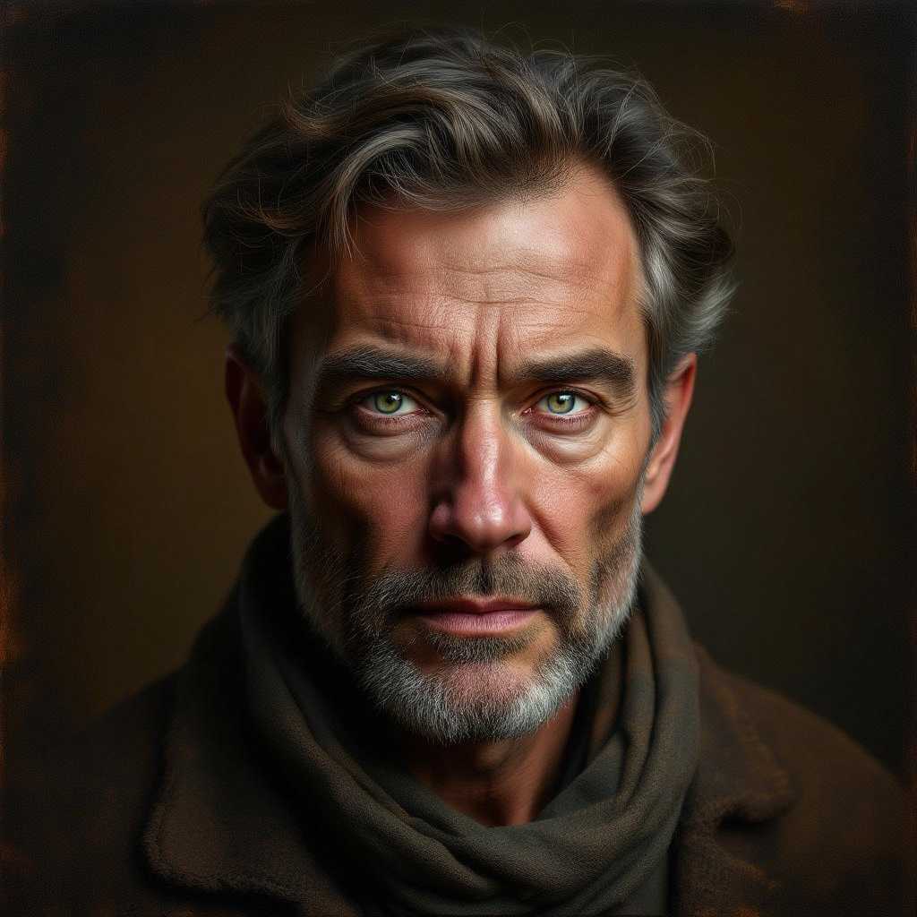 photorealistic, ultra high detail, lifelike, A captivating fine art portrait that transcends mere likeness, delving deep into the inner essence of a man, revealing their profound resilience through subtle facial expressions and piercing, determined eyes. The style is photorealistic with a painterly touch, blending hyper-detailed textures of skin and fabric with soft, brushstroke-like edges that evoke emotion and depth, reminiscent of classical oil paintings by Rembrandt. The subject, a middle-aged individual with weathered features and a quiet strength, is positioned slightly off-center, gazing directly at the viewer with a powerful, unflinching stare, captured from a low-angle perspective to emphasize their enduring spirit. The background is a stark, minimalist void of muted charcoal gray, with faint, ethereal wisps of smoke curling around the subject, symbolizing past struggles and triumphs, contrasting with their unyielding presence. The lighting is dramatic, with a single, soft spotlight casting gentle highlights on the man's face, creating deep, velvety shadows that sculpt their features and add a sense of mystery. The mood is intense yet serene, evoking a late evening atmosphere of quiet reflection after a storm, with a color palette of warm sepia tones and cool grays harmonizing to create a timeless, introspective ambiance. Rendered with ultra-high detail, 8K resolution, focusing on intricate skin textures, delicate highlights in the eyes, and a cinematic depth of field to ensure the subject remains the emotional focal point of the composition.