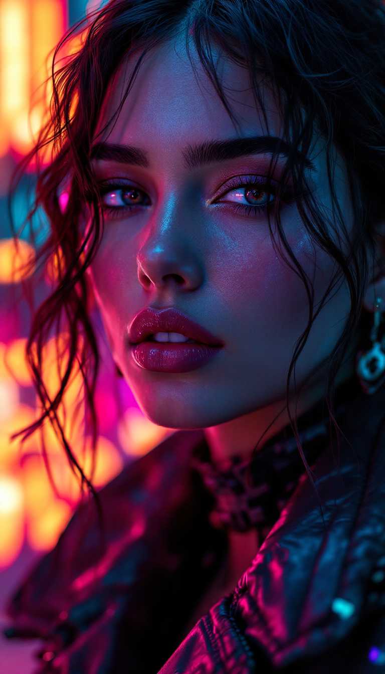 beautiful woman, latina, 24 years old, instagram model, cyberpunk, professional photoshoot style, neon lighting, high contrast, futuristic technology, urban dystopia, digital glitches, reflective surfaces, synthwave color palette, highly detailed, intricate micro details, crisp focus, textural complexity, meticulous rendering, hyper-detailed elements, fine textures, ultra-high resolution, premium quality render