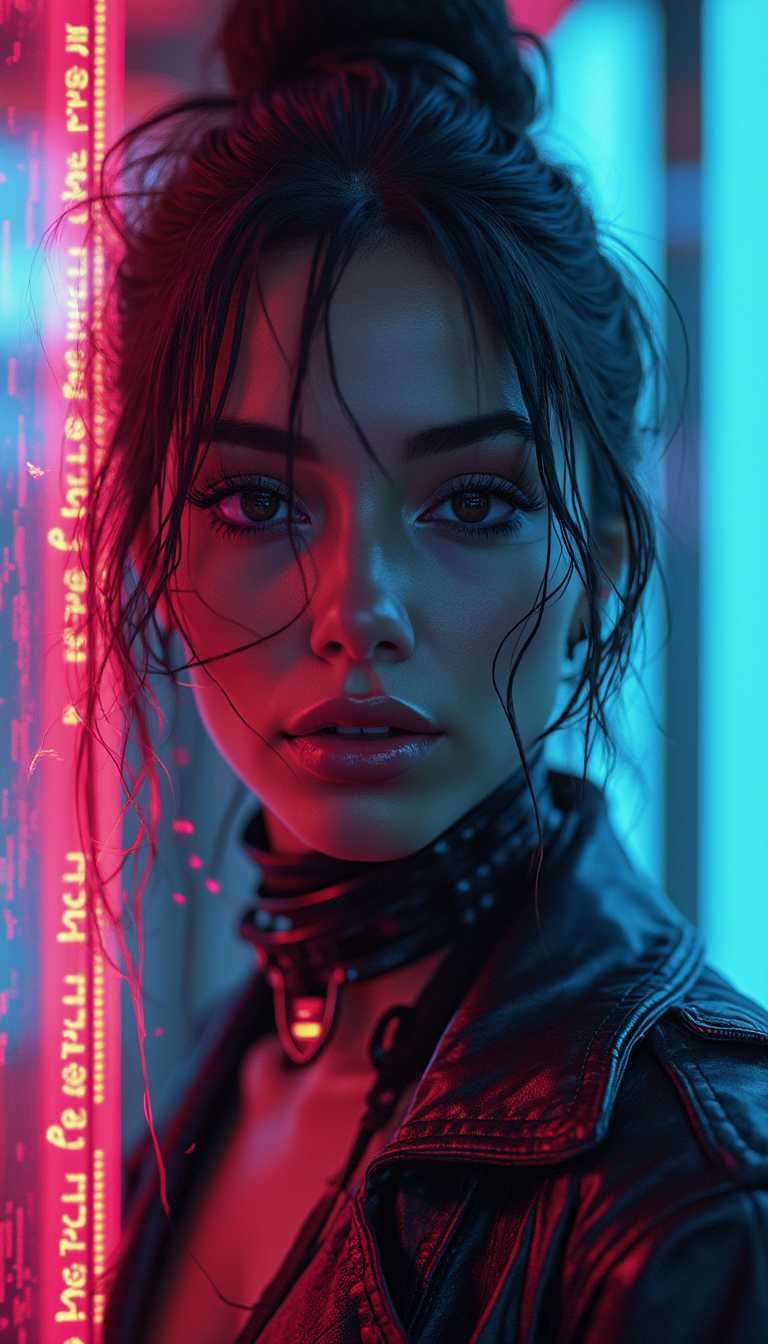 beautiful woman, latina, 24 years old, instagram model, cyberpunk, professional photoshoot style, neon lighting, high contrast, futuristic technology, urban dystopia, digital glitches, reflective surfaces, synthwave color palette, highly detailed, intricate micro details, crisp focus, textural complexity, meticulous rendering, hyper-detailed elements, fine textures, ultra-high resolution, premium quality render