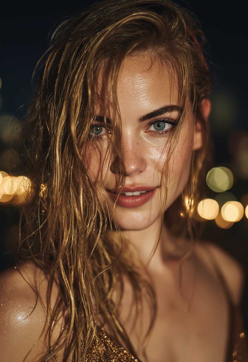 A breathtakingly attractive 20-year-old blonde woman with radiant sun-kissed skin, long tousled golden ((wet)) hair, vivid blue eyes with shimmering reflections, wearing a chic designer cocktail dress, photographed with a Canon EOS R5 + RF85mm f/1.2L, cinematic soft flash lighting mixed with ambient rooftop party lights, tropical night atmosphere, perfect skin texture with lifelike pores, (wet skin), (water drops on skin), subtle glow from string lights and city skyline in the background, Vogue fashion editorial style, ultra-realistic, high-definition, shallow depth of field, soft film grain, warm muted tones with hints of champagne and terracotta