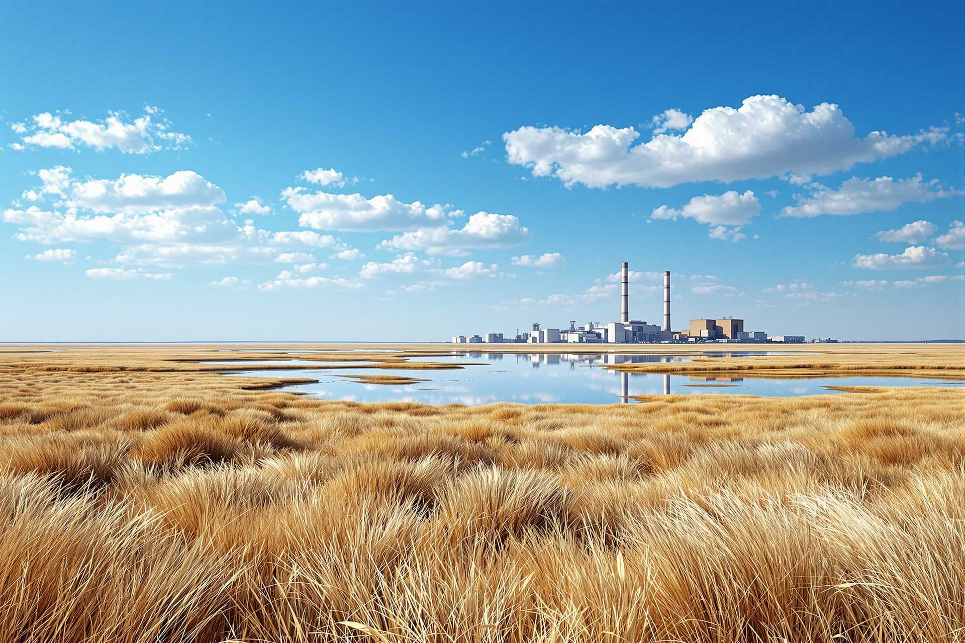 A breathtaking aerial view of a vast, open landscape captured in a hyper-realistic, high-resolution photographic style. The scene unfolds under a clear, vivid blue sky dotted with soft, fluffy white clouds scattered across the expanse. Below, the earth stretches endlessly, showcasing a natural palette of light beige to golden brown grasses and shrubs in the foreground, their textures intricate and varied, with tufts of dry, late summer or early autumn grass swaying gently in the breeze. Reflective water bodies in the middle ground mirror the sky and surrounding landscape, introducing calming shades of blue that blend seamlessly with the earthy tones. In the distance, a large industrial facility with two prominent smokestacks rises, its stark, man-made forms contrasting sharply with the organic beauty of the untouched wilderness, symbolizing the tension between nature and human development. The composition is framed to emphasize depth, with a clear horizon line guiding the eye from the detailed foreground to the receding industrial structures and water bodies far beyond. The lighting is bright and even, characteristic of midday, with the sun high overhead casting subtle, soft shadows that enhance the realism of the scene. The mood is one of serene isolation, a tranquil wilderness undisturbed by visible wildlife or human activity, yet subtly marked by the distant presence of industry. The image is rendered with exceptional clarity and sharpness, capturing every blade of grass and ripple on the water, evoking a profound sense of openness and quiet contemplation.