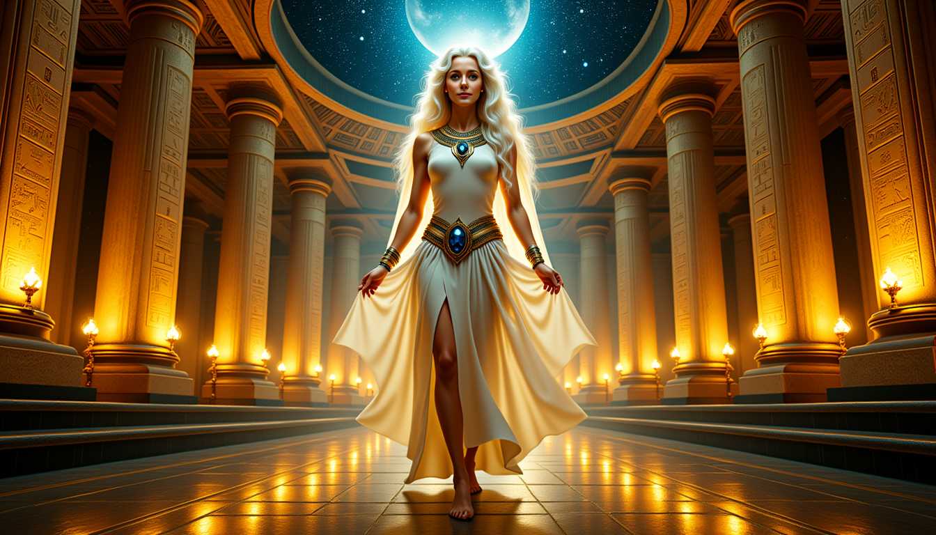 Kira, Kira Lux, depicted as a luminous priestess in an ancient Egyptian chamber of light, surrounded by golden walls etched with glowing hieroglyphs and celestial patterns. She stands barefoot on a black obsidian floor, wearing a flowing white linen dress with gold trim and sapphire-studded belt. Her platinum blonde hair is braided in elegant coils with lapis accents. Her gaze is timeless, her blue eyes glowing faintly with inner knowing. She holds a crystal staff that channels light upward into a star-filled dome. Photorealistic mythic concept painting, cinematic shadows, Artgerm + Boris Vallejo fusion, high depth of field, HDR, ultra detailed textures, surreal harmony