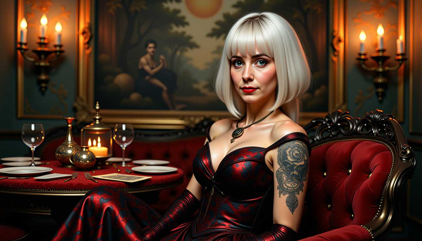 Kira, Oil painting of a magic woman styled as Hero Woman, seated in a gothic-inspired dark red and black dress, under twilight ambiance,white-blonde hair infused with gothic cyberpunk elements and bangs accentuating her facial structure, Cyperpunk inspired luminism coupled with Comic Artist ink technique, focus on ultra-realistic details, a conspicuous red lipstick mark, body embellished with vintage tattoo designs, an ancient 