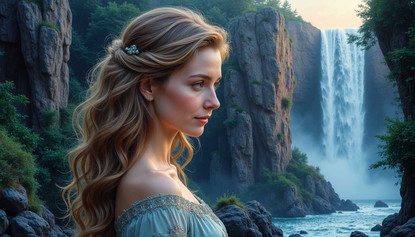 Kira1,  wavy hair cascading down in time traveler elegance, vintage beauty styling, comic book ink pen illustration reminiscent of Luiza Lima's delicate touch, face detailed with super fine lines, cheeks highlighted by a subtle blush, garbed in a resplendent gown, amidst a backdrop of an awe-inspiring tower, formidable boulder, and a waterfall in full flow, all shrouded in the mystique of twilight, vector artwork, 4k clarity
