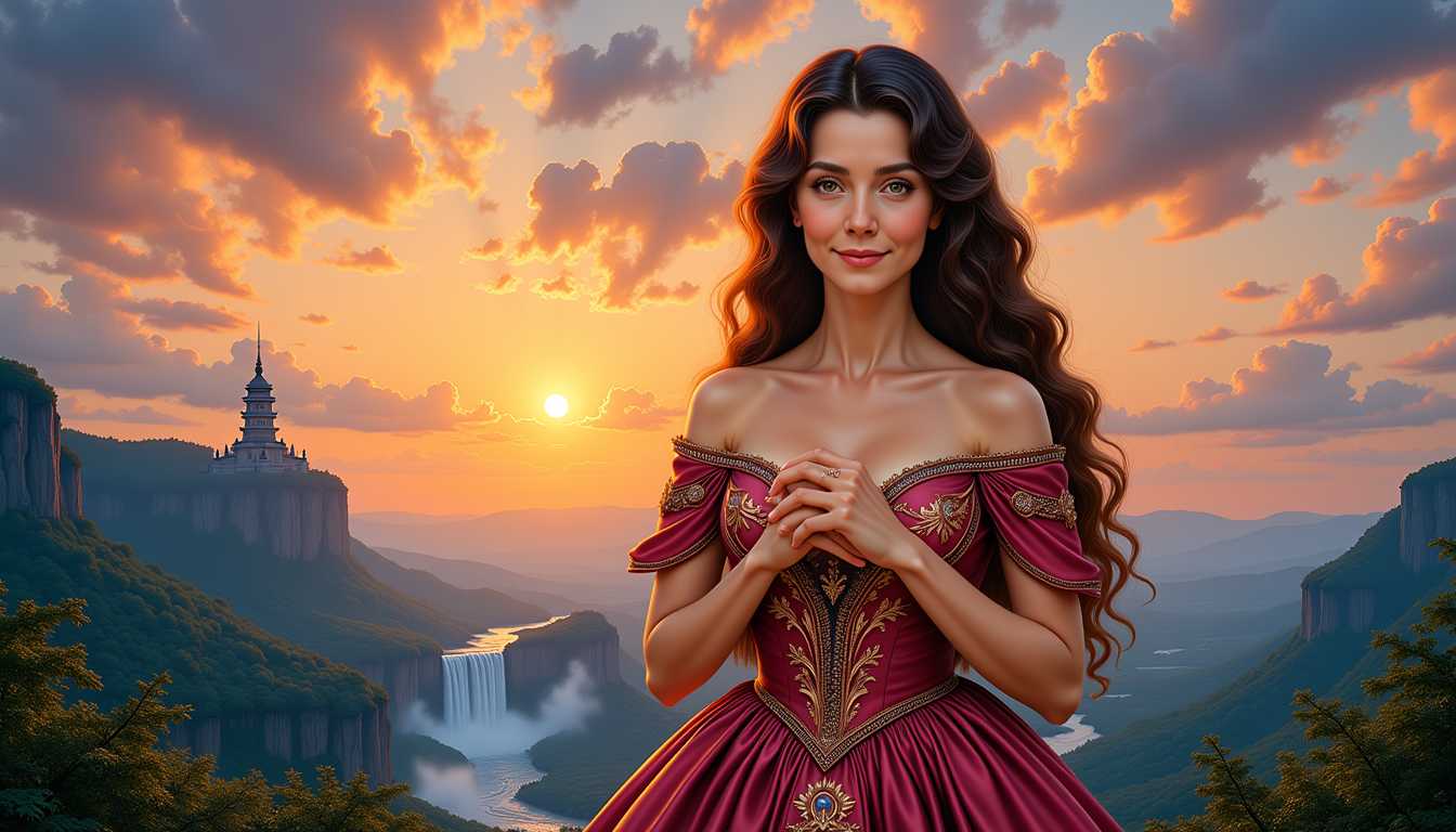 Kira1, standing gracefully with her wavy hair cascading over her shoulders, hands gently folded in front of her, dressed in a resplendent vintage gown with golden embroidery. Her serene expression radiates calm wisdom. The twilight sky glows behind her, a majestic tower and waterfall completing the scene. Fine ink pen illustration style, reminiscent of vintage comic art, 4k clarity, soft blush, subtle shadows.