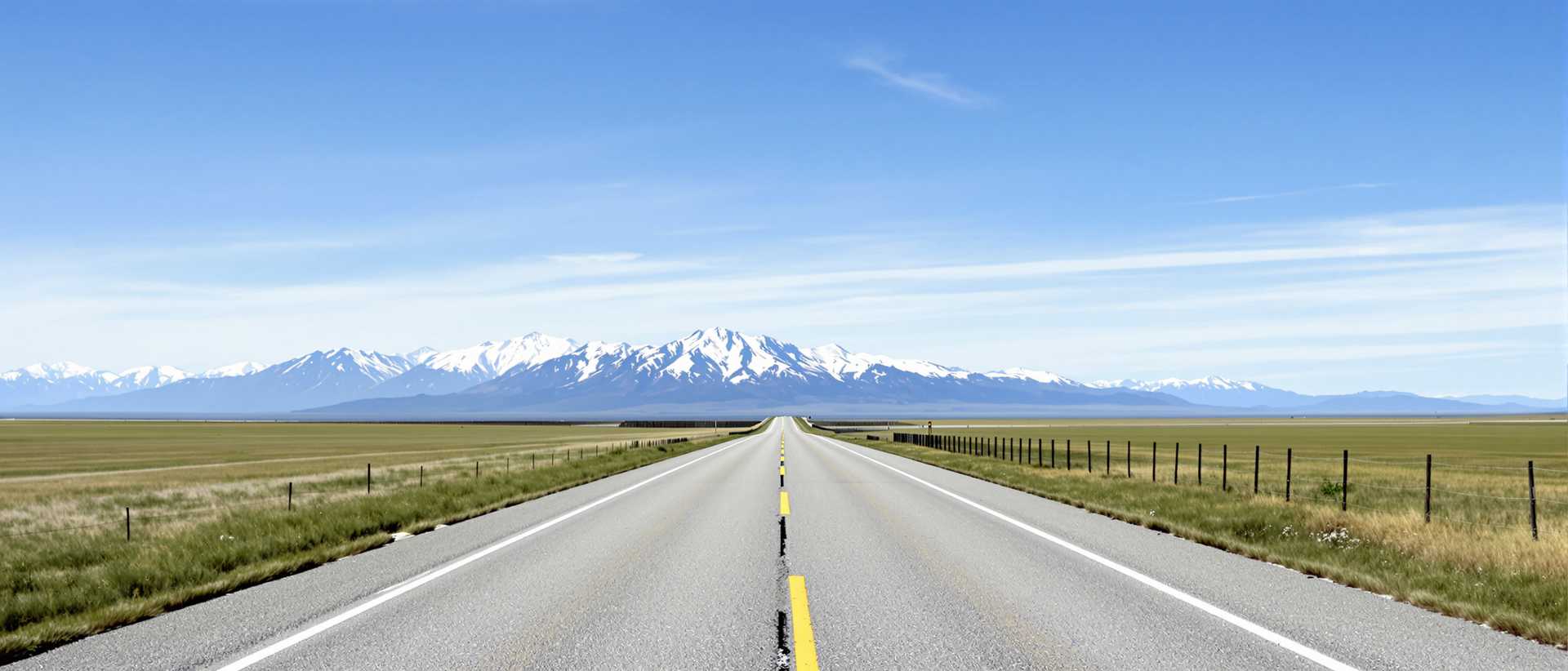 This image captures a straight, twolane highway stretching into the horizon under a vast sky. The road is paved with grey asphalt and is marked with white dashed lines down the center and yellow dashed lines on the left side, indicating the lane for oncoming traffic. The road is bordered by grassy verges on both sides, with a fence running parallel to the right side of the road, separating the highway from the surrounding grasslands.In the distance, theres a mountain range with snowcapped peaks, suggesting a high altitude or a region that receives significant snowfall. The mountains are a soft bluegrey, blending with the sky, and the snow is a bright white, standing out against the darker mountain shadows.The sky is a clear, deep blue, with a few wispy, light clouds scattered across the expanse. The clouds are a pale, almost white color, and they are spread out, not densely packed, which contributes to the sense of openness in the sky. The art style of the image is realistic, capturing the natural beauty of the landscape with attention to detail and color. The medium appears to be a digital photograph, given the clarity and sharpness of the image.Overall, the image conveys a sense of tranquility and the vastness of nature, with a focus on the interplay between the manmade road and the natural world.