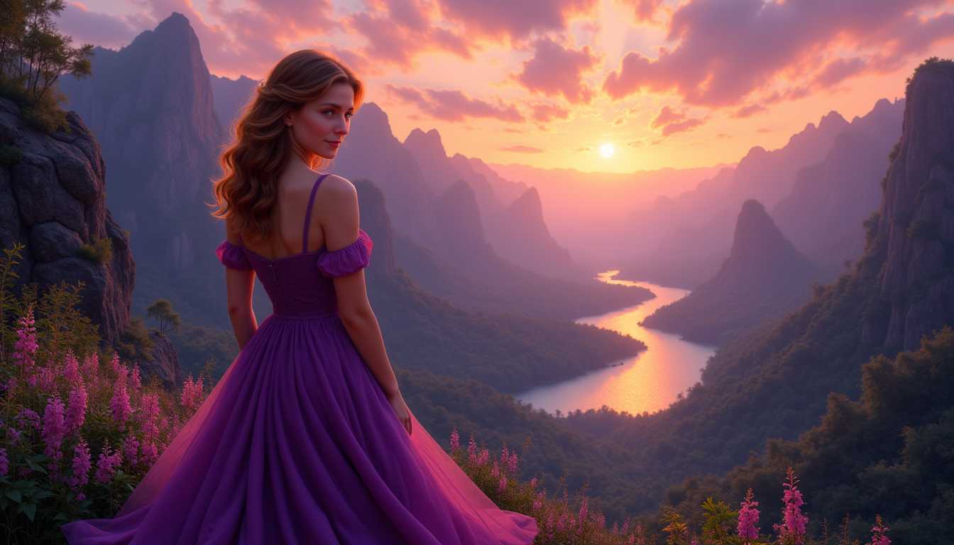 Kira1, 1, Helena the Empress of Artland, Boris Vallejo inspired digital painting, beauty Vintage curly hairstyle, clad in a stunning purple dress, looking at you, smiling, against a dramatic landscape bathed in the magic glow of twilight, stunning rock valley, forrest, Dream-View, Lake, backlighting, soft shadows, vibrant skyline, intricate fabric textures, hyper-detailed, golden hour ambiance, ultra realistic.