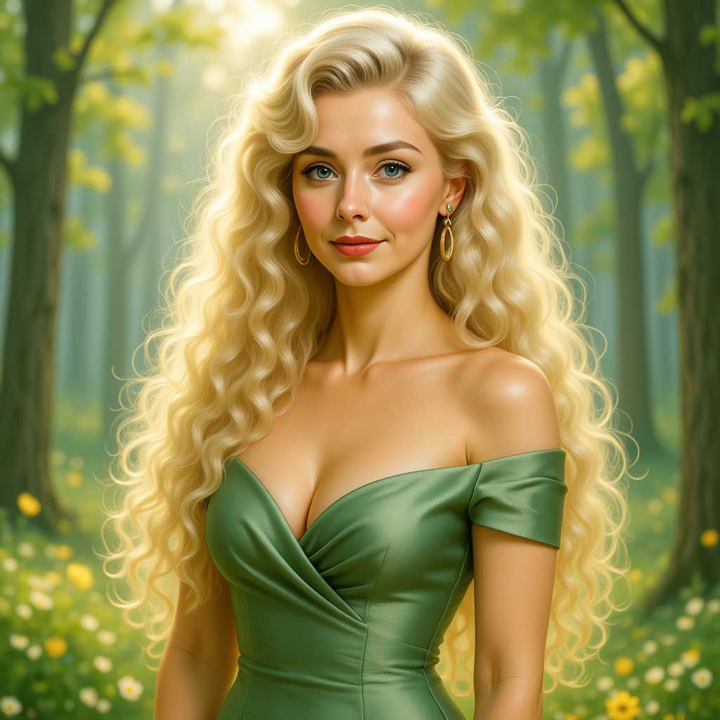 Kira-Original-Zip,Kira12a, Kira12B, , Flora Aurora, Portrait of handsome Goddess with long blonde hair, breathtaking light green dress of silk, spring time magic, spring forestin, breathtaking view to the stunning spring landscape as background, daylight mood, looking at you, comic painting style by artgerm, 8K,  Canon 90D, atmospheric. Photorealistic, photorealism, perfect realistic art, smooth, aftereffects, sharp focus, hi - res, ultra intricate detail, ultra realistic detail, HDR gloomy, choker style colar, detailed face, magic fantasy, wow effect,