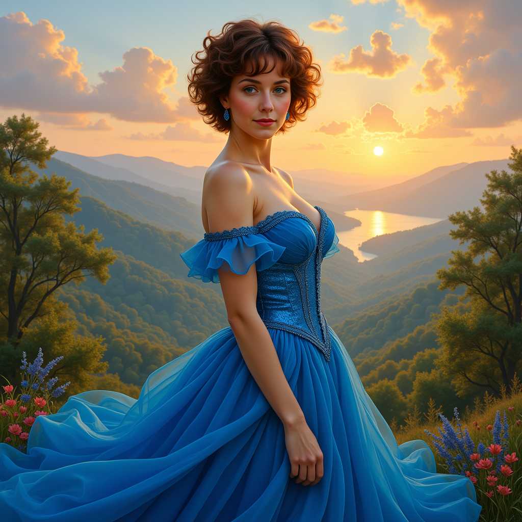 KIRA_SUNRISE, KIRA-SUNRISE-ZIP, Kira-Original-Zip, Kira-Super-Zip, Kira-Super, Kira-Pixie, Kira-Pixie-2, Kira-Curly-Pixie-Zip, Kira-Lux-Flux, Kira-Lux-Super, Mix-Kira, Kira, Kira1, Kira12, Kira12a, KiraVision, Kira12B, a beauty woman, short pixie hair, a seductress, breathtaking bright blue dress, a amazing landscape of a maryland in the background, a Artgerm and Rubens Painting Style Artwork in photorealistic Art