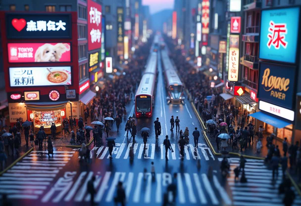 Tilt-shift 3D model diorama in 2:3 aspect ratio. A bird’s-eye view of Tokyo’s Shibuya Crossing, captured at the peak of foot traffic. Miniature pedestrians with umbrellas, anime cosplay characters, and salarymen navigate the zebra stripes. Neon billboards and shop signs glow vividly, casting colorful reflections on the wet pavement. A tiny ramen stall steams in a corner while a Tokyo Metro train glides in the distance. The scene is set during dusk, with a glowing purple-blue sky adding a cinematic atmosphere. 
