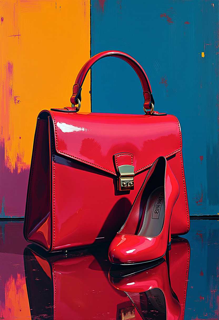 Inspiration Roy Lichtenstein, Pop Art Extravaganza, Avantgarde style, Pulsing light. Full-frame canvas, edge to edge. Generate full image of dramatic Avantgarde of handbag and shoes displayed on a mirror surface. Background should make the handbag and shoes visible and the star of the show.