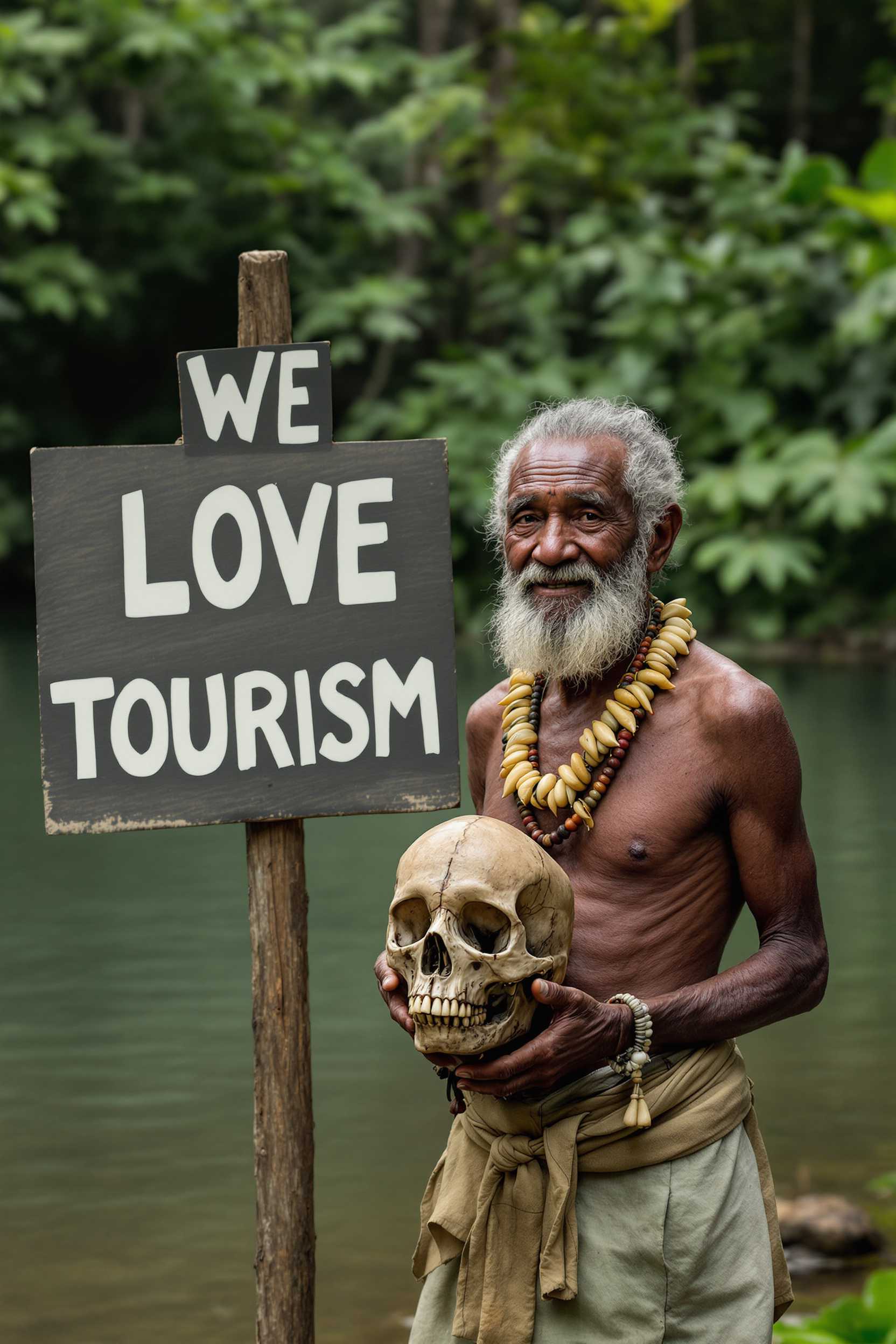 Text on a large sign reads "WE LOVE TOURISM." An old indigenous tribesman stands beside a tropical river, wearing a traditional necklace of white teeth and holding an ancient human skull in full view. Lush rainforest background with calm water. Documentary photography style. Natural lighting. Neutral expression. Environmental portrait. Tropical Amazon setting with a muted green color palette. Sharp focus on the subject. Soft blur on the background foliage. National Geographic style.
