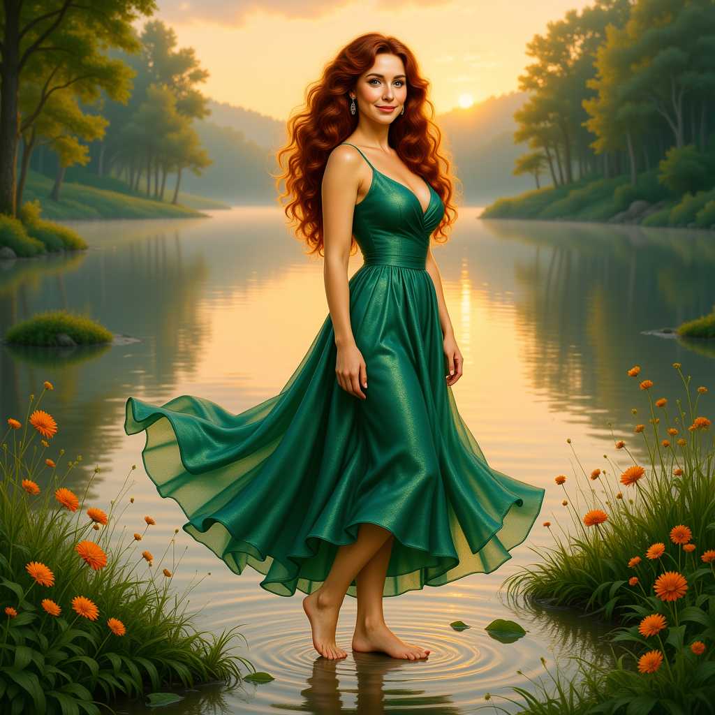KIRA_SUNRISE, KIRA-SUNRISE-ZIP, Kira-Original-Zip, Kira-Super-Zip, Kira-Super, Kira-Pixie, Kira-Pixie-2, Kira-Curly-Pixie-Zip, Kira-Lux-Flux, Kira-Lux-Super, Mix-Kira, Kira, Kira1, Kira12, Kira12a, KiraVision, Kira12B, a beautiful woman with long, curly cherry-red hair, wearing a flowing emerald green dress with soft golden shimmer, standing barefoot at the edge of a tranquil forest lake at dawn, soft mist over the water, golden-pink light on the horizon, her expression calm and gentle, wildflowers and tall grass around her, water reflecting her silhouette, dreamlike, serene, photorealistic, Artgerm and James Gurney style with cinematic morning light