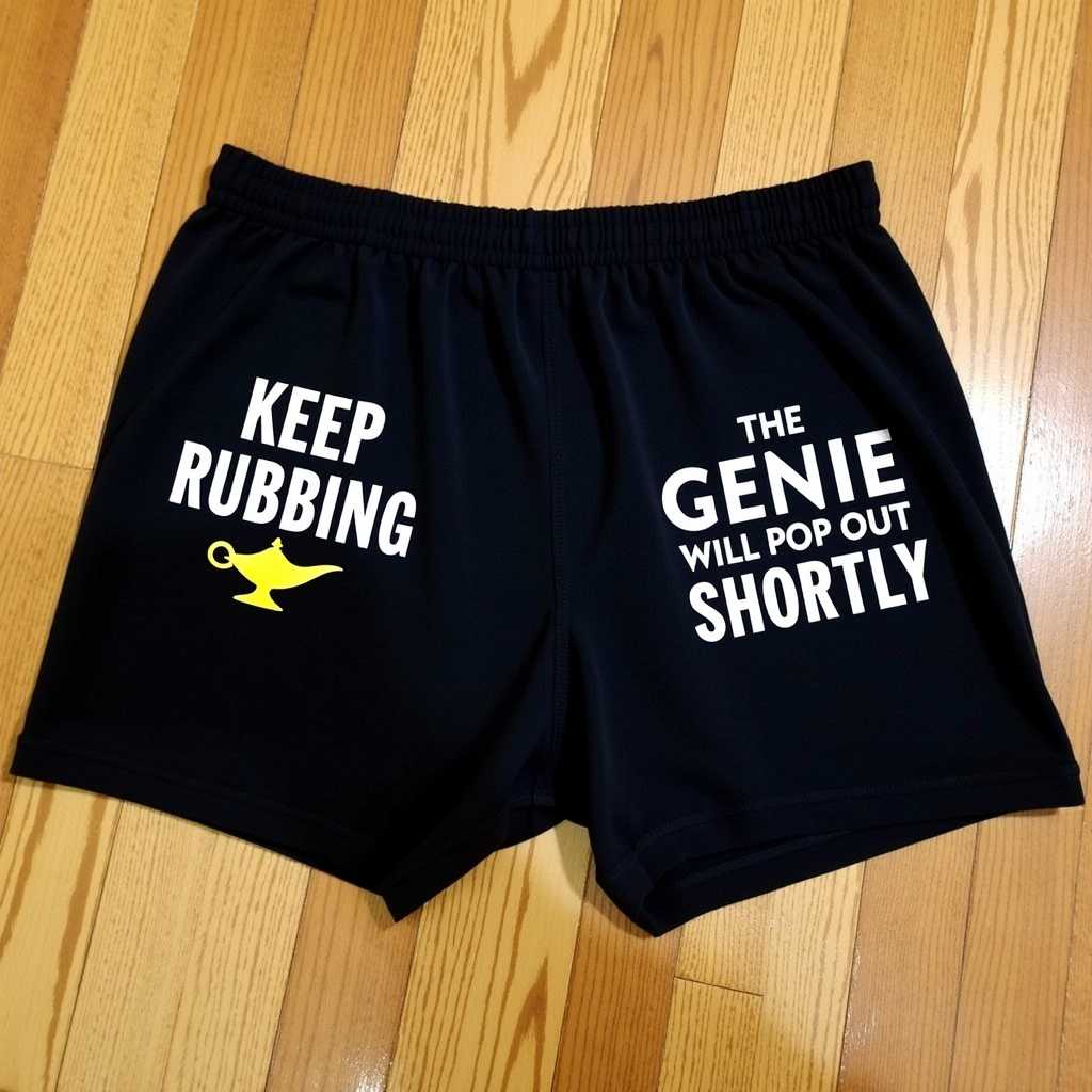 The image shows a pair of mens boxer shorts laid out on a wooden floor. The shorts are black in color and feature a humorous message on the front. The left side of the shorts has the phrase KEEP RUBBING written in white capital letters, and the right side has the phrase THE GENIE WILL POP OUT SHORTLY also in white capital letters.In the center of the shorts, there is a small, yellow genie lamp graphic, which is a playful nod to the classic tale of Aladdin and the magic lamp. The lamp is depicted with a simple design, lacking intricate details, but it serves its purpose as a visual pun.The overall art style of the shorts is playful and cartoonish, with a straightforward, bold approach to the typography and illustration. The medium appears to be screen printing or a similar method, given the evenness of the colors and the crispness of the text.The colors in the image are primarily black for the shorts, with the yellow of the genie lamp providing a pop of color. The white text stands out against the black background, making the message clear and humorous. The wooden floor beneath the shorts adds a warm, natural element to the composition, contrasting with the synthetic nature of the shorts.