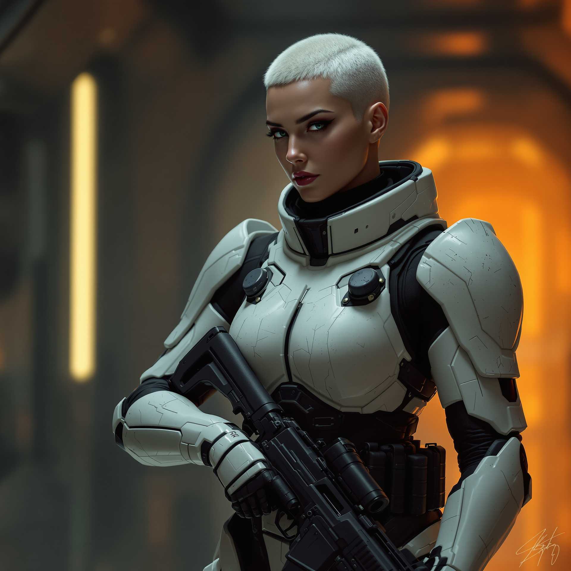 This image portrays a figure clad in a female futuristic, armored suit, standing in what appears to be a dimly lit corridor or tunnel, suggestive of a science fiction setting. The suit is predominantly white with black accents, featuring a high collar and shoulder pads that give it a streamlined, utilitarian look. The armor has a matte finish, with subtle scratches and scuffs that lend it a battleworn appearance, indicating the figure may have been involved in combat or strenuous activity.The figures short, buzzcut hair is stark white, matching the armor, and they are wearing a black tactical vest over the armor, with pouches that could hold various gear or ammunition. They are holding a modern, black assault rifle with a collapsible stock and a scope, which is a common piece of military equipment. The rifles design is sleek and utilitarian, with a focus on functionality and ease of use.The art style of the image is cinematic, with a high level of detail and realism, achieved through careful lighting and shadow play. The medium appears to be a digital rendering, given the smooth texture and lack of brush strokes or graininess that might be present in a traditional painting. The colors are muted, with cool tones dominating the palette, punctuated by the warm orange glow emanating from the background, which adds a sense of depth and drama to the scene.The overall atmosphere of the image is one of tension and anticipation, as the figure stands ready for action, and the environment suggests a narrative of exploration or conflict in a science fiction context.