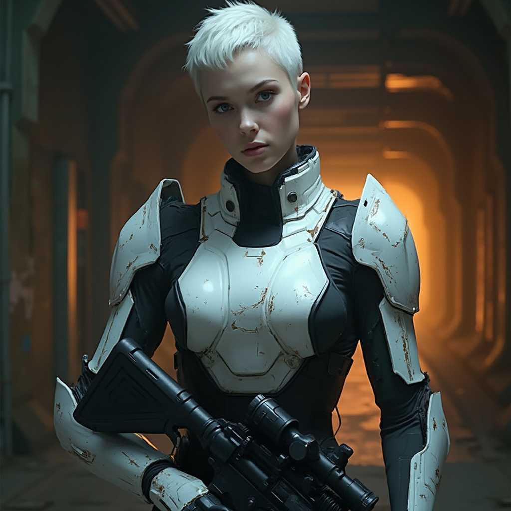 This image portrays a figure clad in a female looking at viewer, futuristic, armored suit, standing in what appears to be a dimly lit corridor or tunnel, suggestive of a science fiction setting. The suit is predominantly white with black accents, featuring a high collar and shoulder pads that give it a streamlined, utilitarian look. The armor has a matte finish, with subtle scratches and scuffs that lend it a battleworn appearance, indicating the figure may have been involved in combat or strenuous activity.The figures short, buzzcut hair is stark white, matching the armor, and they are wearing a black tactical vest over the armor, with pouches that could hold various gear or ammunition. They are holding a modern, black assault rifle with a collapsible stock and a scope, which is a common piece of military equipment. The rifles design is sleek and utilitarian, with a focus on functionality and ease of use.The art style of the image is cinematic, with a high level of detail and realism, achieved through careful lighting and shadow play. The medium appears to be a digital rendering, given the smooth texture and lack of brush strokes or graininess that might be present in a traditional painting. The colors are muted, with cool tones dominating the palette, punctuated by the warm orange glow emanating from the background, which adds a sense of depth and drama to the scene.The overall atmosphere of the image is one of tension and anticipation, as the figure stands ready for action, and the environment suggests a narrative of exploration or conflict in a science fiction context.