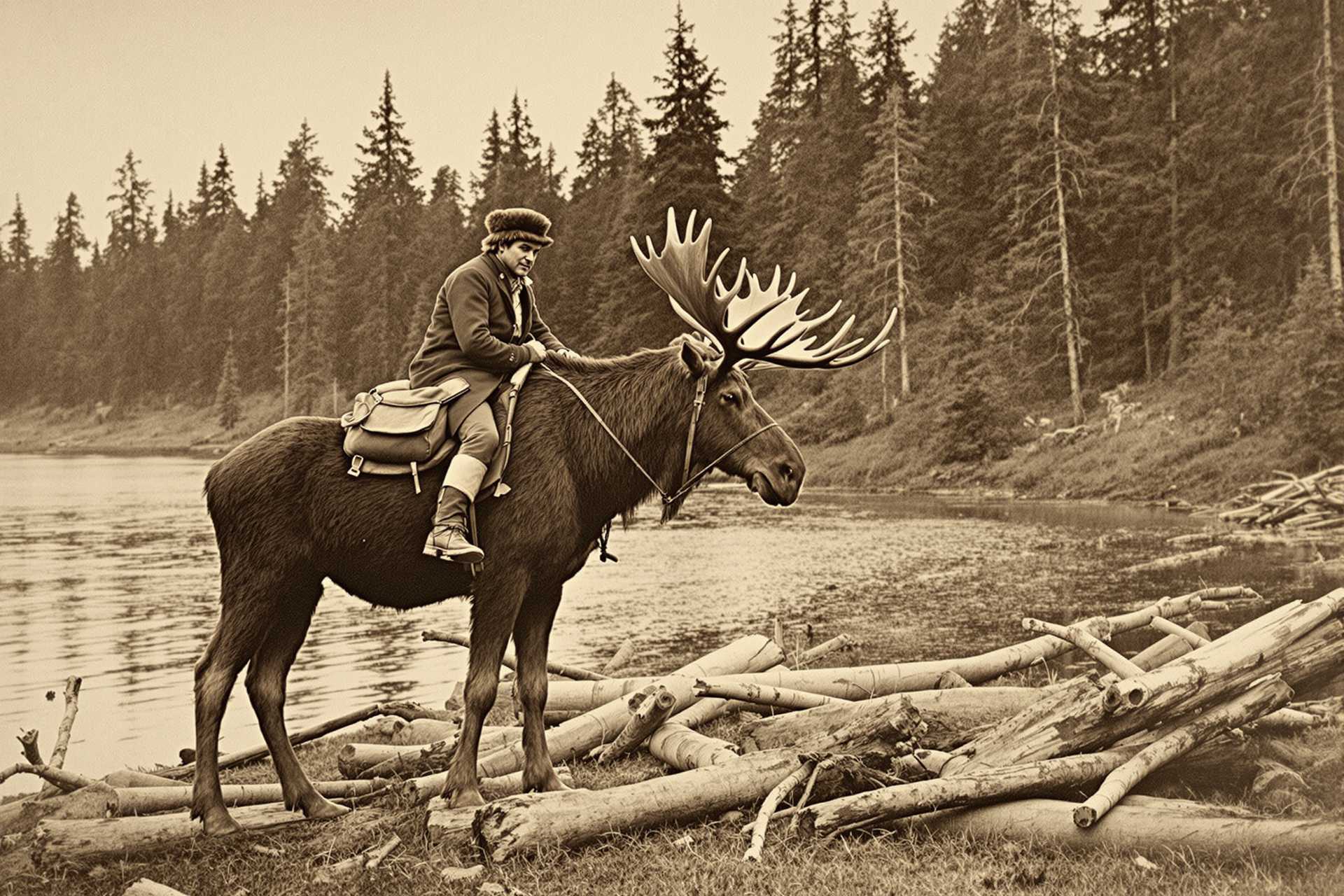 This is a sepiatoned photograph depicting a scene from the past, likely taken in the late 19th or early 20th century. The art style is reminiscent of the eras photography, with a focus on capturing the natural beauty and wilderness of the landscape.The medium appears to be a gelatin silver print, which was commonly used during that time period. The graininess and texture of the image are characteristic of this type of print, adding to the historical feel of the photograph.The colors in the image are muted, with a predominance of earthy tones. The moose stands out with its dark brown fur, and the surrounding forest is depicted in various shades of green. The water body in the background reflects the trees and sky, creating a serene and tranquil atmosphere.There are several objects in the image. The most prominent is the moose, which is the subject of the photograph. It has a large, impressive antler rack and is standing on a riverbank. The moose is carrying a rider, who appears to be dressed in period clothing, including a fur hat and heavy coat. The rider is seated on the mooses back, with their legs wrapped around the animals midsection. The moose is also carrying a pack, which suggests that it might be used for transportation or carrying supplies.In the background, there is a dense forest of tall, straight trees, which are likely conifers given their shape and the location. The water body in the background is calm, with gentle ripples on the surface. There are also fallen tree trunks and branches scattered along the riverbank, adding to the wilderness feel of the scene.Overall, the image captures a moment of human interaction with nature, reflecting the eras appreciation for the wilderness and the use of animals for transportation and companionship.