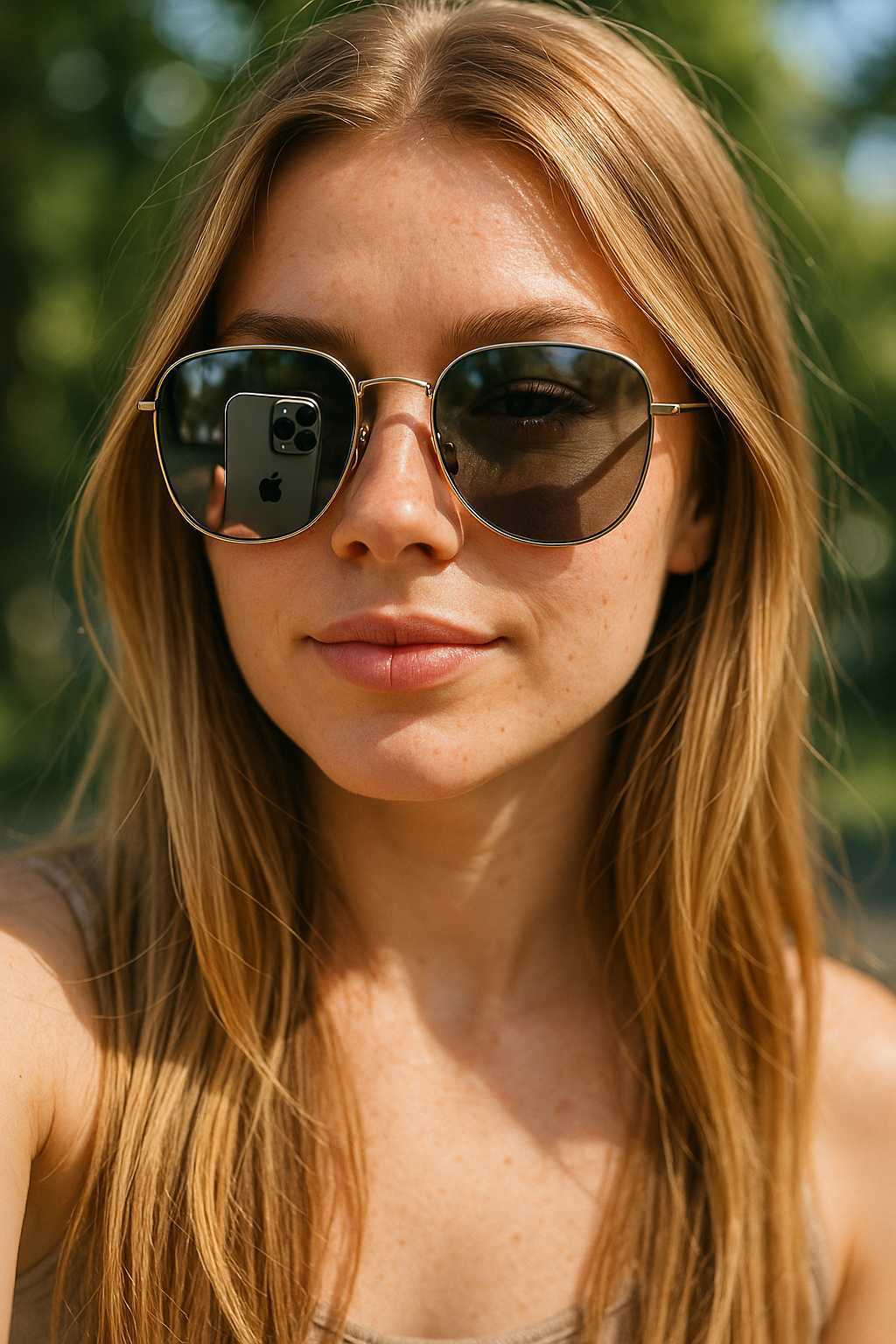 21 year old female influencer with long blond hair take close up selfie wearing reflecting sunglasses, her iPhone 16Pro reflect in the sunglasses while she take the selfie, sunny daylight, outdoor, bokeh, select focus, high details, natural skin imperfections, very light freckles,