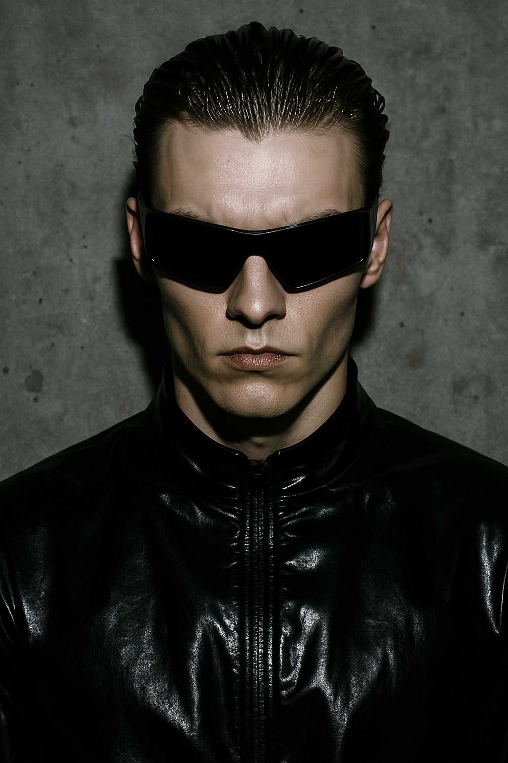 A striking mugshot-style portrait of a fierce young man in a black latex top or jacket. he wears angular or oversized dark sunglasses that cover his eyes, with a wet slicked-back hairstyle. his expression is cold, almost robotic, with minimal makeup except for a sharp contour or metallic highlighter. The background is a raw concrete or dark gray wall, shot with direct flash. Editorial-style lighting with deep shadows, high contrast, and a gritty club aesthetic. his posture is upright, defiant, and confident — like he owns the night.
