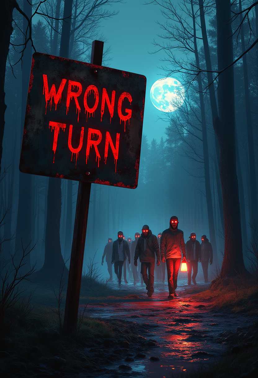 This image is a digital artwork that depicts a tense and ominous scene in a forest at night. The art style is realistic with a cinematic quality, utilizing dramatic lighting and shadow to create a sense of depth and foreboding. The medium appears to be a digital painting, given the smooth gradients and seamless blending of colors.The colors in the image are moody and atmospheric. The predominant color is a deep, dark blue that suggests the night sky and the forests shadowy depths. This is contrasted with the bright, fiery red of the eyes of the figures in the background, which adds a surreal and unsettling element to the scene. The reds and oranges of the glowing eyes of zombies and the lantern create a stark contrast against the cool blues, adding to the eerie and suspenseful mood.There are several objects in the image. In the foreground, there is a large, weathered road sign that reads "WRONG TURN" in bloodred, glowing letters. This is a clear reference to the horror movie of the same name, suggesting that the scene is a nod to the films themes of danger and the perils of taking the wrong path. The sign is leaning slightly to the left, and the rust and wear on it suggest it has been standing for a long time, enduring the elements.Behind the sign, there is a group of figures in the background, appearing to be zombies or other menacing creatures. They are dressed in various casual clothes, and their eyes glow with a red light, which is reminiscent of the undead from the Wrong Turn series. They are standing in a line, moving towards the viewer, which adds to the sense of danger and foreboding in the scene.The setting is a dense, dark forest with tall, bare trees that reach into the night sky. The moon is visible in the background, casting a pale glow over the scene, but the darkness still prevails. The ground is wet, with puddles reflecting the light from the lantern, and the forest floor is covered in moss and fallen leaves, adding to the sense of isolation and peril.Overall, the image is a chilling and atmospheric depiction of a nightmarish encounter in a forest, with a nod to the horror genre, particularly the Wrong Turn series. The use of color, lighting, and objects creates a sense of danger and foreboding, inviting the viewer into a world of suspense and terror.