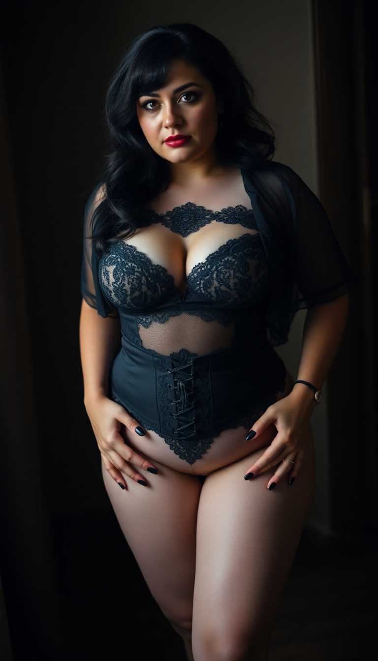 A confident, chubby goth woman dressed in a seductive yet elegant ensemble that perfectly blends her alternative style with a touch of sensuality. She stands in a dimly lit room, the shadows playing across her soft, rounded figure. The centerpiece of her attire is black lace. Her voluptuous curves are accentuated by the tight-fitting corset, which is cinched at the waist, highlighting the natural hourglass silhouette beneath the sheer fabric. Above the corset, a sheer black chiffon shawl drapes over her shoulders, hinting at the layers of personality and mystery beneath. Her hair is a rich, inky black, styled in loose waves that cascade down her back, with a few strategic strands framing her face