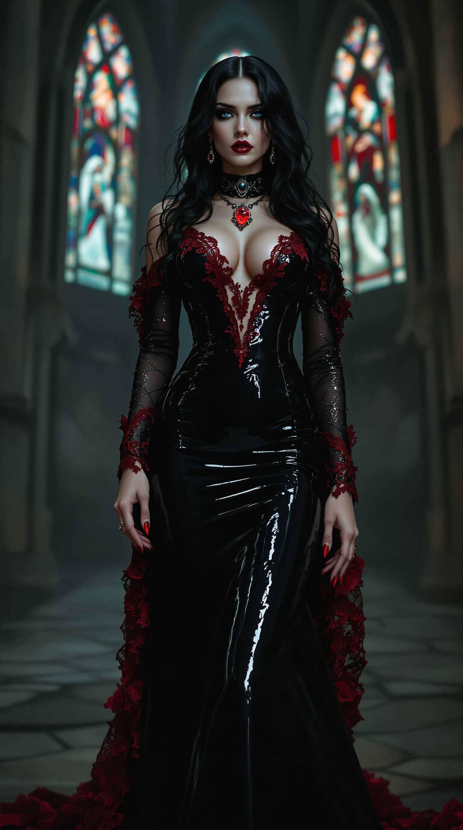 A captivating and seductive dark gothic figure, a stunning woman dressed in an intricately designed, floor-length shiny black latex gown that clings to her voluptuous curves like a second skin, adorned with delicate crimson lace trimmings that add a blood-red contrast to the glossy darkness. Her raven-black hair cascades in voluminous waves, interwoven with shimmering crimson threads that catch the faint light, creating a striking contrast against her alabaster, porcelain skin. Her piercing ice-blue eyes, framed by dramatic smoky makeup, exude an enigmatic intensity, accentuating the sharp angles of her high cheekbones and the commanding power of her gaze. A heavy antique silver choker encircles her neck, bearing a polished glowing ruby gem that rests in the hollow of her throat, adding an air of ancient mystique. She stands poised and commanding in the shadowy depths of a foreboding dark cathedral, its towering gothic arches and cracked stone walls bathed in the dim, ethereal glow of flickering candlelight filtering through stained glass windows depicting somber, forgotten saints. The composition centers on her figure, positioned slightly off-center, with a low-angle perspective that emphasizes her dominance and the soaring height of the cathedral ceiling above. The mood is haunting and sensual, with a chilling yet alluring atmosphere, the air thick with the scent of old stone and wax, and faint whispers of wind echoing through the desolate space. Rendered in a dark romantic style reminiscent of 19th-century gothic art, with hyper-detailed textures in the latex and lace, soft chiaroscuro lighting casting deep shadows and subtle highlights on her form, and a cinematic depth of field that keeps her sharply in focus while the cathedral fades into a mysterious blur in the background.