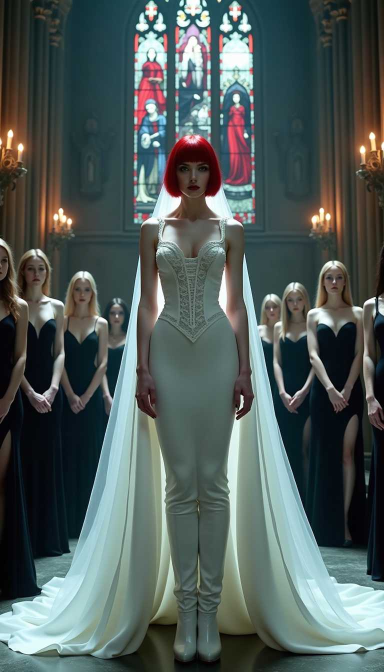 A formidable vampire queen, towering and pale-skinned with an ethereal, otherworldly beauty, stands commandingly at the altar of a dark, sinister gothic cathedral. Her crimson hair, styled in a sleek, short bob, blazes like a fiery halo against her alabaster complexion, accentuating her sharp, regal features and piercing, predatory crimson eyes that seem to pierce through the soul. She is adorned in a striking white latex wedding gown, the form-fitting bodice with a tightly cinched corset featuring bold, thick straps, while voluminous skirts cascade dramatically to the floor, the material glistening like liquid moonlight under the dim, flickering glow of black candles. The gown's intricate details and smooth, reflective texture catch the sparse light, creating a mesmerizing sheen, complemented by a delicate white lace veil that drapes hauntingly over her face, adding an air of mystique. Her legs are encased in white latex thigh-high ballet boots with 6-inch stiletto heels and imposing platform soles, exuding dominance and raw power in her poised, statuesque stance. Surrounding her, a coven of beautiful vampire women in sleek, form-fitting black dresses with high slits and plunging necklines stand in reverent poses, their pale skin and dark, hollow eyes mirroring their queen's undead elegance, their presence adding a chilling sense of unity and menace. The gothic cathedral looms with oppressive grandeur, its towering arches and intricate stone carvings shrouded in deep shadow, while stained-glass windows depicting macabre scenes in rich reds, purples, and midnight blues cast fragmented, eerie light across the cold, weathered stone floor. The atmosphere is thick with dread, shadows clinging to every corner, a faint trace of incense lingering in the air, evoking a sense of foreboding and dark, forbidden romance. The queen faces the viewer directly, centrally framed at the altar, her regal and commanding posture dominating the composition as the cavernous, malevolent cathedral stretches endlessly into the background, its oppressive darkness swallowing the edges of the scene. Rendered in a cinematic dark fantasy style inspired by the haunting works of Brom and H.R. Giger, the image employs dramatic low-key lighting with stark contrasts, accentuating her ghostly pallor, the reflective sheen of her gown, and the sinister beauty of her coven against the murky abyss of the cathedral. Captured from a slightly low angle to amplify her towering, intimidating presence, she reigns as an undead monarch over both the living and the damned. The scene is bathed in a moody, nocturnal ambiance, with a subtle mist curling at her feet and around her