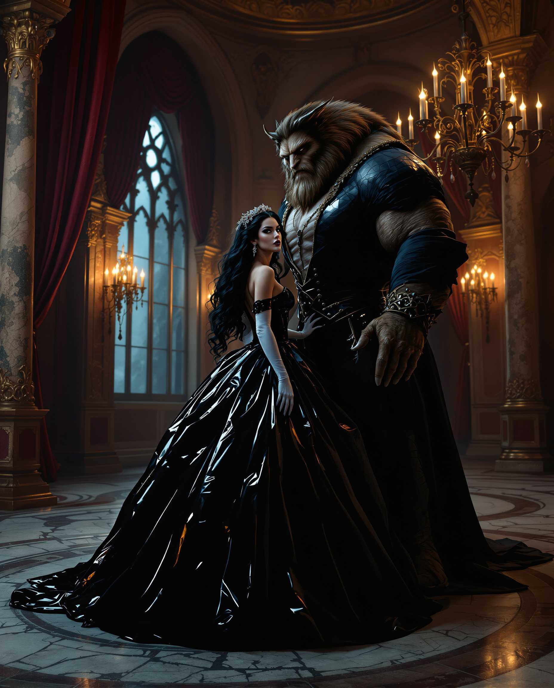 A breathtaking portrait of Belle from Beauty and the Beast, reimagined in a dark, gothic aesthetic, alongside the classic Beast. Belle stands as the focal point, exuding regal yet haunting beauty, dressed in a striking black latex ballgown with a polished, reflective sheen that captures faint candlelight, highlighting every dramatic curve and fold of the voluminous, floor-sweeping skirt. Her opera gloves, made of shiny white latex, create a stark contrast, their smooth texture reflecting subtle highlights that draw the eye. Belle's long black hair cascades in elegant, voluminous curls, adorned with a crown of intricately detailed roses, framing her face with timeless sophistication. Her bold, shiny black lips mirror the gown's luster, while heavy dark makeup—deep smoky eyeshadow and razor-sharp eyeliner—intensifies her mysterious, piercing gaze. By her side, the Beast stands in his classic form, towering and imposing, with matted fur, sharp claws, and a rugged, yet noble demeanor, his eyes reflecting a mix of ferocity and sorrow, complementing Belle’s enigmatic aura.

The scene unfolds in a grand, dimly lit gothic ballroom, steeped in decay and opulence. Towering arched windows, draped in tattered, deep crimson velvet curtains, allow slivers of cold, bluish moonlight to filter through, casting ethereal patterns on the cracked, weathered marble floors. Flickering chandeliers overhead emit a warm, wavering glow, creating eerie shadows that dance across intricate, crumbling stone walls adorned with faded gothic carvings. The composition centers on Belle, positioned slightly turned to the side, her posture commanding and poised, with the Beast standing protectively close, his massive frame adding a sense of raw power to the frame. The camera is angled low, emphasizing Belle’s towering presence and the dramatic height of her gown, while also capturing the Beast’s imposing stature, framing both figures against the cavernous, shadowy ballroom.

The mood is somber and enigmatic, steeped in melancholic elegance, with a haunting interplay of light and shadow. The cold moonlight blends with the warm, flickering candlelight, creating a cinematic contrast that enhances the textures of latex, fur, and stone. The atmosphere evokes a sense of timeless tragedy, as if frozen in a moment of forbidden romance. Rendered in a hyper-realistic style with cinematic quality, inspired by gothic romanticism and high-fashion photography, with meticulous attention to detail—every gleam of latex, every strand of fur, every crack in the marble floor—and dramatic lighting contrasts that heighten the depth and emotion of the