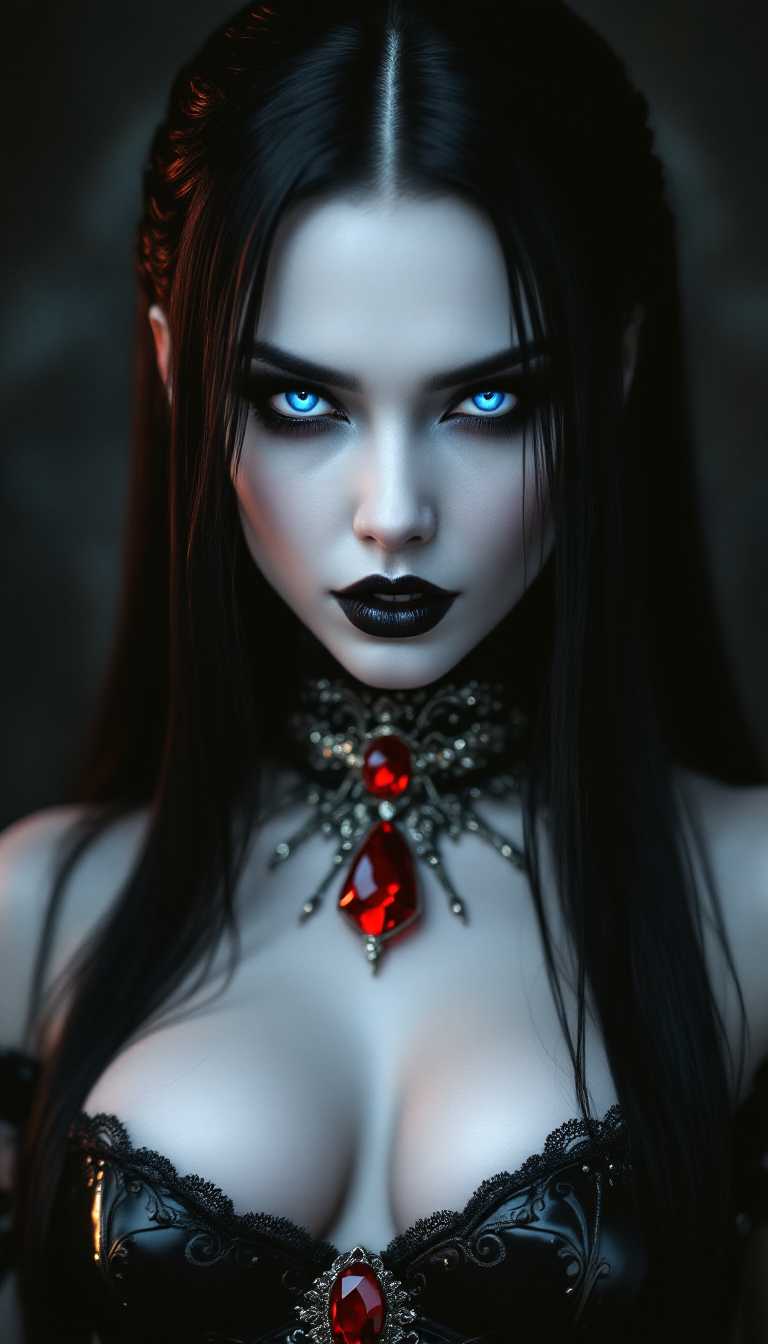 A striking Vampire Queen, her skin an ethereal, ghostly pale white, almost luminescent under the dim lights, with long, straight black hair cascading down her back like a dark, silken waterfall. A blood-red ruby gleams at her throat, set in an ornate silver collar that catches the faint light with a sinister shimmer. Her piercing bright blue eyes glow with an otherworldly, predatory intensity, both captivating and menacing, framed by sharp, dark eyeliner that enhances her fierce gaze. She wears a shiny black latex goth corset, tightly hugging her torso over a sheer, translucent blouse, the corset intricately detailed with subtle embossed patterns of gothic filigree that reflect glints of light. Skintight shiny black latex pants accentuate her commanding presence, paired with towering black latex high-heeled boots that gleam with a polished, mirror-like finish, their sharp clicks echoing with authority. Her shiny black painted lips curl into a violent sneer, revealing a hint of sharp fangs, exuding raw power and menace.

She stands confidently in the center of a dimly lit, modern gothic nightclub, the focal point of the scene, surrounded by faint neon lights in electric blue and crimson hues that cast dramatic, angular shadows across her figure. The background reveals a crowd of shadowy, indistinct figures, their forms blurred and lost in the pulsating, chaotic atmosphere of the club, while faint wisps of fog swirl at her feet, adding an eerie, mystical touch. The composition is captured from a low-angle perspective, emphasizing her towering dominance and power, framed tightly to highlight the glossy, reflective textures of her latex outfit against the gritty, industrial backdrop of the club—think rusted metal walls and cracked concrete floors, faintly illuminated by flickering lights.

The mood is dark, seductive, and mysterious, steeped in a late-night ambiance where the air feels thick with tension and forbidden allure. Harsh, contrasting lighting creates a cinematic chiaroscuro effect, with deep shadows and stark highlights carving out her features and accentuating the high-gloss finish of her attire. The atmosphere is electric, charged with danger and desire, as if time itself slows in her presence. Rendered in a hyper-realistic style with a touch of dark fantasy art, the image emphasizes photorealistic textures, razor-sharp details, and a polished, high-gloss finish on the latex, evoking the dramatic intensity of a gothic fashion editorial photograph shot with a high-end DSLR, complete with a shallow depth of field to keep the Vampire Queen in razor-sharp focus while the background fades into a moody blur.