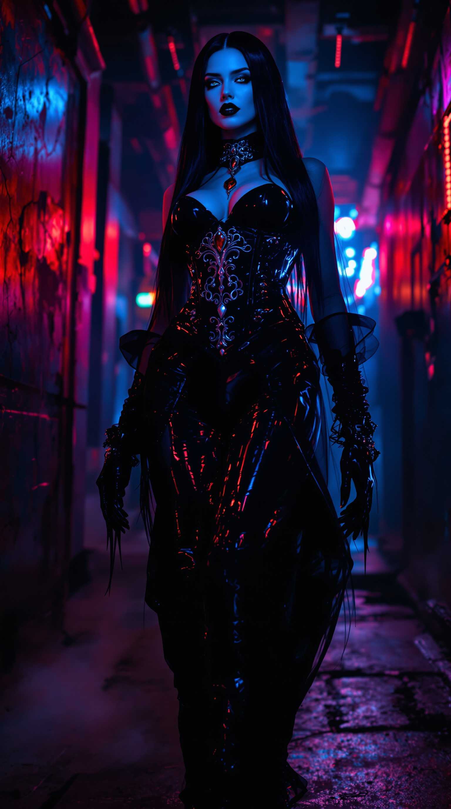 A striking Vampire Queen, the epitome of dark majesty, stands as the unyielding centerpiece of a dimly lit, modern gothic nightclub. Her ethereal, ghostly pale white skin glows with a luminescent sheen under flickering, uneven lights, contrasting with her long, straight black hair that cascades down her back like a silken waterfall of midnight, framing her sharp, regal features. A blood-red ruby, set in an ornate silver collar, gleams ominously at her throat, its sinister shimmer catching the sparse light. Her piercing bright blue eyes burn with an otherworldly, predatory intensity, both captivating and menacing, accentuated by bold, dark eyeliner that sharpens her fierce gaze. Shiny black painted lips curl into a violent sneer, revealing the glint of sharp fangs, exuding raw, untamed power and menace.

Her attire commands attention: a shiny black latex goth corset clings tightly to her torso, intricately detailed with embossed gothic filigree patterns that reflect subtle glints of light, layered over a sheer, translucent blouse adding a haunting elegance. Skintight black latex pants enhance her imposing silhouette, paired with towering black latex high-heeled boots, their mirror-like polished finish reflecting the surrounding chaos with every authoritative step. The glossy, high-sheen textures of her outfit contrast starkly with the gritty environment, rendered with photorealistic precision and meticulous attention to reflective surfaces.

Captured from a low-angle perspective, her full-body pose emphasizes her towering dominance and unassailable power, framed tightly to focus on her razor-sharp details against the moody blur of the background. Neon lights in electric blue and crimson hues cast dramatic, angular shadows across her figure, highlighting the reflective latex surfaces. The background reveals a crowd of shadowy, indistinct figures, their forms blurred into the pulsating, chaotic atmosphere of the club, achieved through a shallow depth of field reminiscent of a high-end DSLR shot. Faint wisps of fog swirl at her feet, adding an eerie, mystical aura, while the industrial backdrop of rusted metal walls and cracked concrete floors is faintly illuminated by flickering lights, enhancing the raw, gritty edge of the scene.

The mood is dark, seductive, and mysterious, steeped in a late-night ambiance where the air feels thick with tension and forbidden allure. Harsh, contrasting lighting creates a cinematic chiaroscuro effect, with deep shadows and stark highlights carving out her features and amplifying the high-gloss finish of her ensemble. The atmosphere crackles with electric danger and desire, as if time itself slows in her commanding presence. The image is styled in a