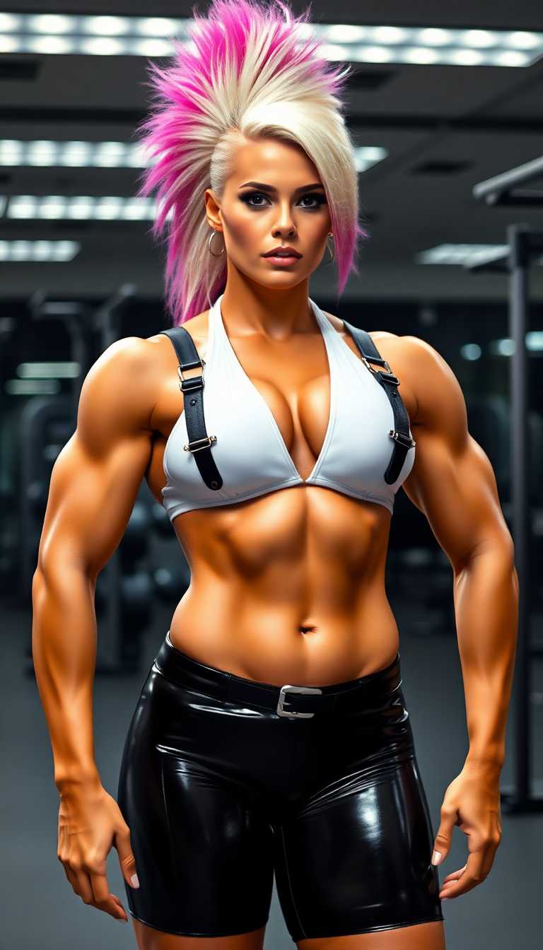 a muscle-bound bimbo amazon standing 6'2" with an impossible physique—massive breasts that remain perfectly firm despite their size, biceps larger than most men's, thighs that could crush skulls, all while maintaining a tiny waist and feminine features. Her skin takes on a golden hue with a permanent sheen like oil. Her once-conservative hair is now a long platinum blonde mohawk with hot pink tips. Her face combines hyper-feminine features (pouty lips, long lashes) with strong masculine elements (defined jawline, prominent brow). Wearing a shiny white latex halter top, decorated with straps and studs. Shiny black latex gym shorts. Standing in a hi-tech gym. Bdsm strap harness