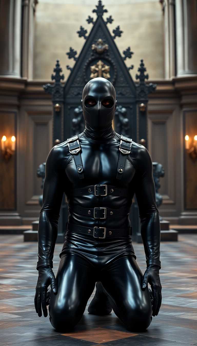 Slim, kneeling in a large medieval hall before an elegant and massive throne. His body is clad in shiny black latex from head to toe. His face is covered by a latex mask. He's facing the camera. The latex is decorated by numerous straps and buckles 