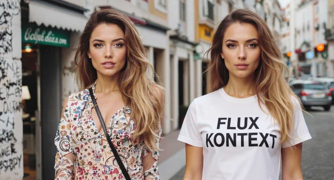 AI-generated image: add a copy of the woman wearing a tshirt that reads FLUX KONTEXT (edited with Flux Kontext Pro)