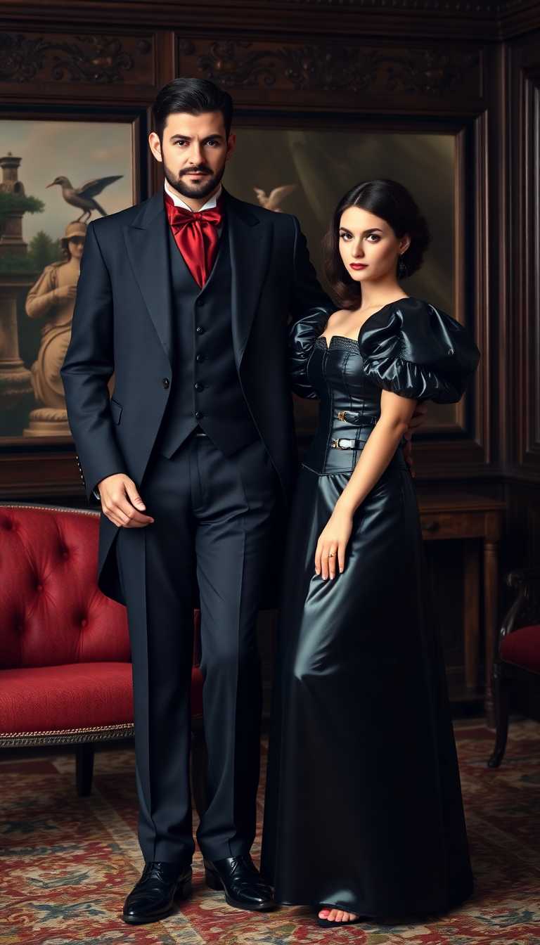 A tall man in a victorian style suit and waistcoat, his ascot in blood red and the rest of his victorian suit is dark grey almost black. It is very elegant and well tailored. His dark hair is cut neat and short, his beard and mustache are equally well trimmed. He stands with a beautiful young woman,  dressed in an elegant victorian dress, shiny black latex skirts and petticoats, puffy sleeved shiny latex bolero style jack over a  tightly bound corset of shiny black latex decorated with polished buckles and straps. Standing in a victorian parlour 