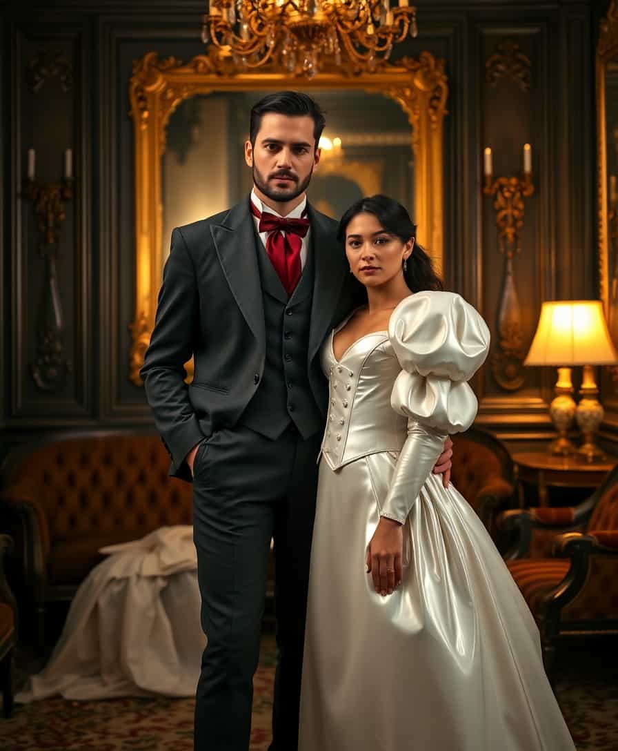 A breathtaking scene of opulent Victorian decadence unfolds in a luxurious parlour, steeped in elegance and intrigue. The composition centers on a tall, distinguished man and a captivating woman in her mid-30s, standing intimately close at the heart of the room. The man exudes timeless sophistication in a meticulously tailored Victorian suit and waistcoat, crafted from dark grey fabric that hovers near black, absorbing light with a subtle, refined sheen. A striking blood-red ascot punctuates his attire, commanding attention with dramatic flair, while his short, neatly trimmed dark hair and impeccably groomed beard and mustache enhance his commanding, regal aura. Beside him, the woman mesmerizes in a Victorian dress with an avant-garde edge—voluminous skirts and petticoats made of glossy white latex that reflect light with a mirror-like finish, paired with a puffy-sleeved, shiny white latex bolero-style jacket over a tightly cinched corset, also in gleaming white latex. The corset accentuates her ample cleavage, adorned with polished buckles and intricate straps that showcase meticulous craftsmanship and catch the light with every subtle movement.

The parlour is a masterpiece of Victorian grandeur, featuring deep burgundy wallpaper embossed with delicate damask patterns, richly carved wooden furniture upholstered in plush, textured fabrics, and heavy velvet drapes in dark emerald tones cascading around a large window. Soft, diffused afternoon light filters through sheer under-curtains, casting a warm, ethereal glow across the space, while a crystal chandelier overhead radiates golden light, creating delicate highlights and intricate shadows on the polished hardwood floor. The low camera angle amplifies the couple’s commanding presence, emphasizing their poised statures and the towering grandeur of the ornate surroundings, framing them as the focal point of this lavish scene.

The atmosphere blends refined enigma with a modern, edgy twist, marrying the ornate elegance of the Victorian era with the woman’s unconventional latex attire. The mood is sophisticated yet mysterious, with warm lighting interplaying with cool, subtle shadows to add depth and dimension. Rendered in a hyper-realistic style reminiscent of a classic 19th-century oil painting by a master artist, the image captures every intricate detail: the reflective, almost liquid gloss of the white latex, the soft, sumptuous texture of the velvet drapes, the fine grain of the polished wooden furniture, and the lifelike rendering of fabrics and skin tones. The scene is enriched with meticulous attention to texture, light reflection, and shadow play, evoking a sense of timeless beauty and captivating drama.