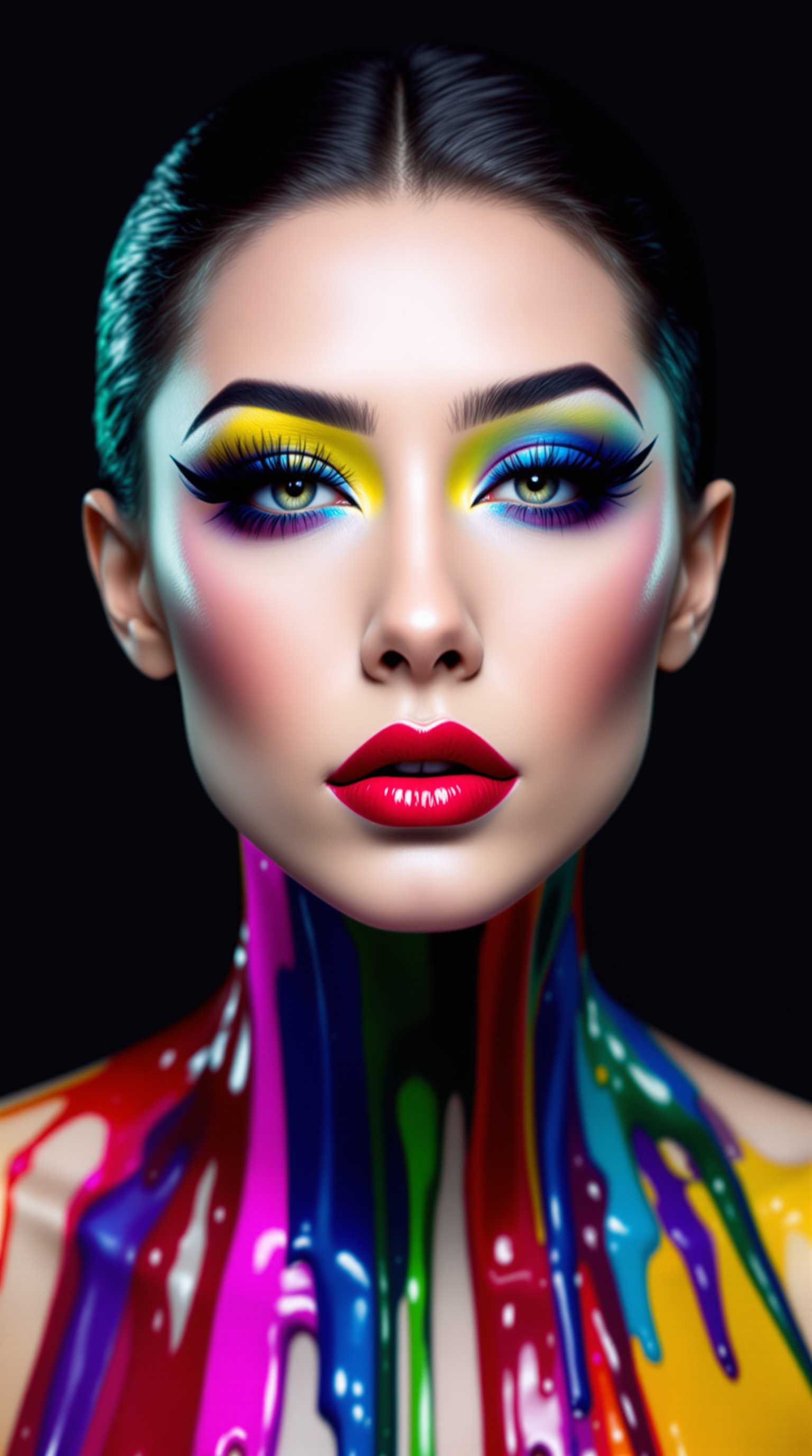 This image is a portrait of a person with a highly stylized and artistic makeup look. The person has their hair slicked back, which allows for a full view of the makeup and body paint. The makeup is bold and vibrant, with a focus on the eyes, lips, and body.The eyes are adorned with a metallic blue eyeshadow that extends into the crease, paired with a bright yellow eyeshadow on the inner corners. The eyeliner is thick and black, with a winged extension on the outer corners, giving a dramatic and cateye effect. The mascara is volumizing and black, enhancing the eyes further. The eyebrows are wellgroomed and filled in, with a natural arch.The lips are coated in a deep, rich red lipstick that stands out against the pale skin. The lipstick has a satiny finish, which catches the light and adds to the vibrancy of the color.The body paint is fluid and drips down the neck and shoulders in a variety of bright colors, including red, green, blue, and purple. The paint has a glossy finish, which reflects light and gives the appearance of a liquid substance. The paint is applied in a way that it seems to be melting down the persons body, creating an illusion of movement and fluidity.The overall art style of the image is surreal and fantastical, with a focus on bold colors and fluidity. The medium appears to be digital, given the smooth gradients and seamless blending of colors. The image has a high level of detail, from the individual strands of hair to the texture of the skin and the glossy finish of the paint. The background is a solid, dark color, which serves to highlight the subject and the vivid colors of the makeup and paint.