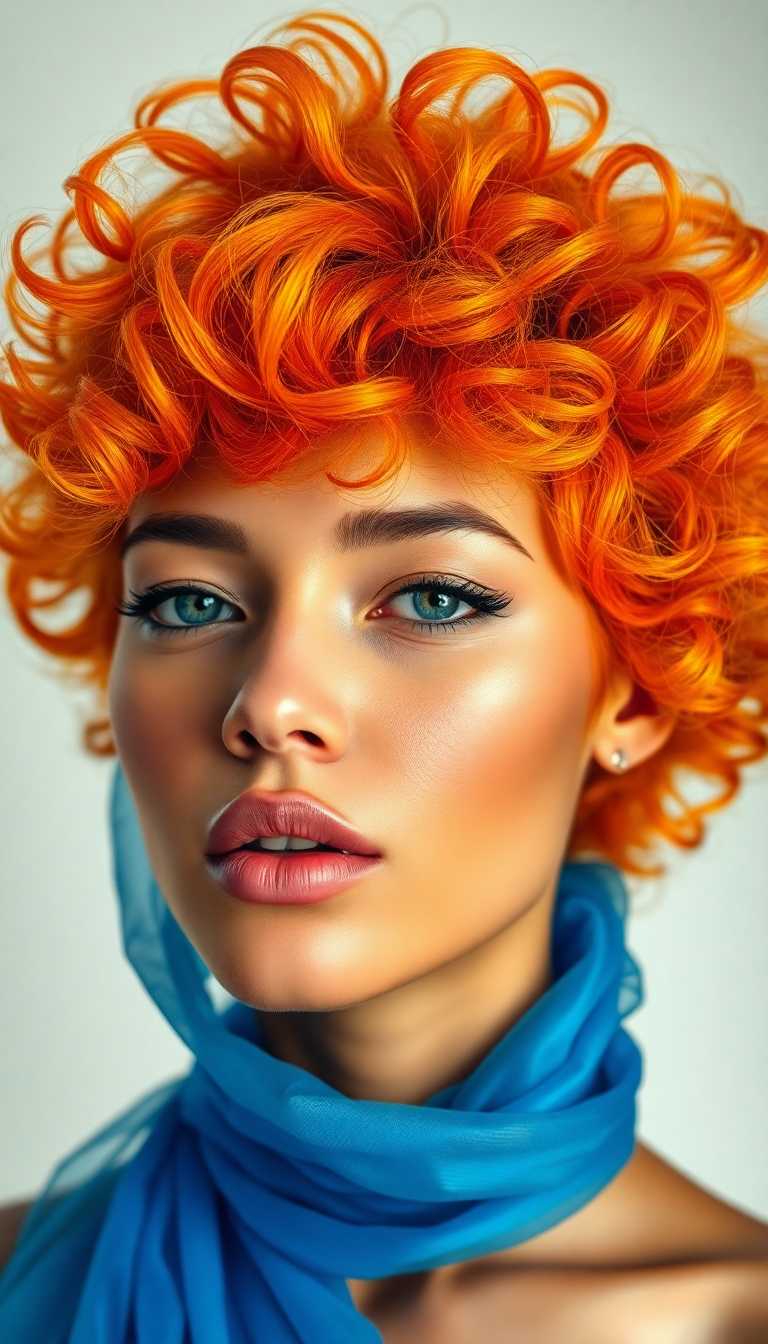 This image is a closeup portrait of a person with a highly stylized and artistic approach. The subject has a strikingly vibrant and colorful hairstyle that transitions from a fiery orange at the roots to a sunny yellow at the tips, giving the appearance of flames. The hair is voluminous and curly, with a dynamic and somewhat chaotic arrangement that adds to the overall sense of movement and energy in the image.The subjects skin is depicted with a smooth, flawless finish, and the lighting accentuates their features with a soft glow. The makeup is applied with subtlety, highlighting the eyes with a hint of shimmer and defining the eyebrows, while the lips are coated in a naturallooking nude shade that complements the overall softness of the makeup palette.The art style of the image leans towards surrealism, with elements that defy reality. The contrast between the warm tones of the hair and the cool blue fabric draped around the neck creates a striking visual dichotomy. The blue fabric is translucent and billows around the neck, giving the impression of smoke or ethereal mist. The way the fabric interacts with the light and the subjects skin adds depth and dimension to the composition.The medium used to create this image is not immediately apparent, but it appears to be a highquality photograph with postprocessing that has likely been applied to enhance the colors and create the surreal effects. The lighting is soft and diffused, likely controlled in a studio setting to achieve the desired look.Overall, the image is a creative and visually arresting piece that plays with color, texture, and light to evoke a sense of fantasy and otherworldliness.