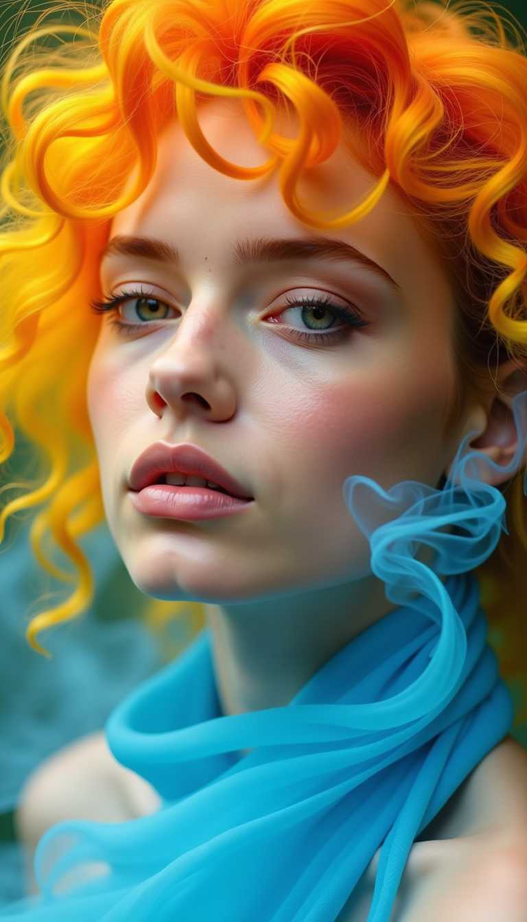 This image is a closeup portrait of a person with a highly stylized and artistic approach. The subject has a strikingly vibrant and colorful hairstyle that transitions from a fiery orange at the roots to a sunny yellow at the tips, giving the appearance of flames. The hair is voluminous and curly, with a dynamic and somewhat chaotic arrangement that adds to the overall sense of movement and energy in the image.The subjects skin is depicted with a smooth, flawless finish, and the lighting accentuates their features with a soft glow. The makeup is applied with subtlety, highlighting the eyes with a hint of shimmer and defining the eyebrows, while the lips are coated in a naturallooking nude shade that complements the overall softness of the makeup palette.The art style of the image leans towards surrealism, with elements that defy reality. The contrast between the warm tones of the hair and the cool blue fabric draped around the neck creates a striking visual dichotomy. The blue fabric is translucent and billows around the neck, giving the impression of smoke or ethereal mist. The way the fabric interacts with the light and the subjects skin adds depth and dimension to the composition.The medium used to create this image is not immediately apparent, but it appears to be a highquality photograph with postprocessing that has likely been applied to enhance the colors and create the surreal effects. The lighting is soft and diffused, likely controlled in a studio setting to achieve the desired look.Overall, the image is a creative and visually arresting piece that plays with color, texture, and light to evoke a sense of fantasy and otherworldliness.