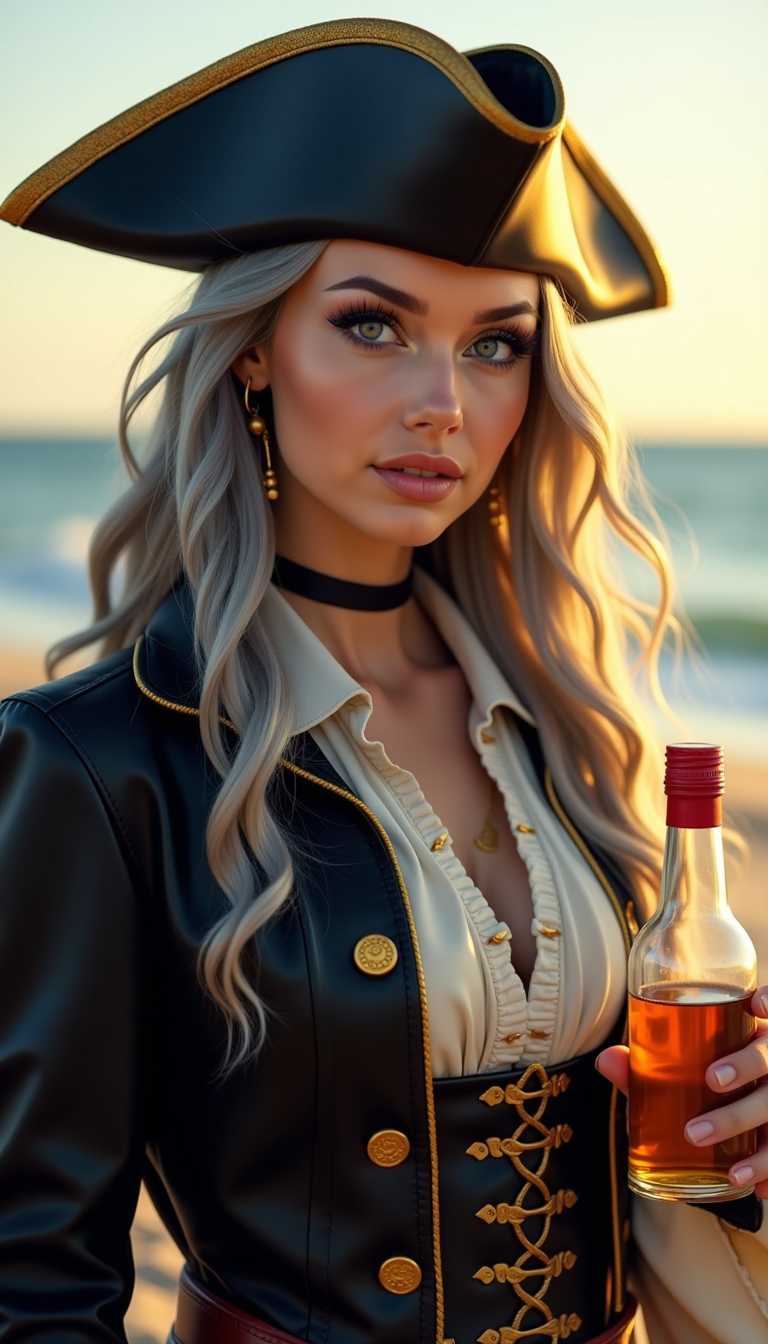 This image is a highresolution photograph that captures a closeup of a person dressed in a pirate costume. The subject is outdoors, with a blurred background that suggests a beach or a coastal area, given the presence of sand and the ocean in the distance. The lighting indicates it is either sunrise or sunset, as evidenced by the warm golden tones in the sky and the long shadows cast on the subjects face.The subject is wearing a tricorn hat, which is a classic pirate accessory, and has long, wavy, gray hair that falls over the shoulders. They are also wearing a detailed pirate costume, which includes a black leather jacket with gold trim and buttons, a white shirt with a ruffled collar, and a black vest with gold detailing. The pirates attire is rich in texture, with the leather appearing supple and the fabric of the shirt and vest showing folds and creases that give the costume a livedin appearance.In the subjects right hand, they are holding a clear glass bottle with a red screw cap, which contains a golden liquid, presumably rum or some other type of alcoholic beverage. The bottle is positioned slightly offcenter to the right, drawing the viewers eye to it.The art style of the photograph is realistic, with a focus on capturing the textures and details of the subjects costume and the bottle. The medium appears to be a digital camera, given the clarity and sharpness of the image. The colors are warm and muted, with the golden tones of the sunset creating a dramatic contrast against the cool blues of the ocean and the subjects dark attire. The lighting is soft and diffused, likely from the sun, which adds to the serene and inviting atmosphere of the scene.