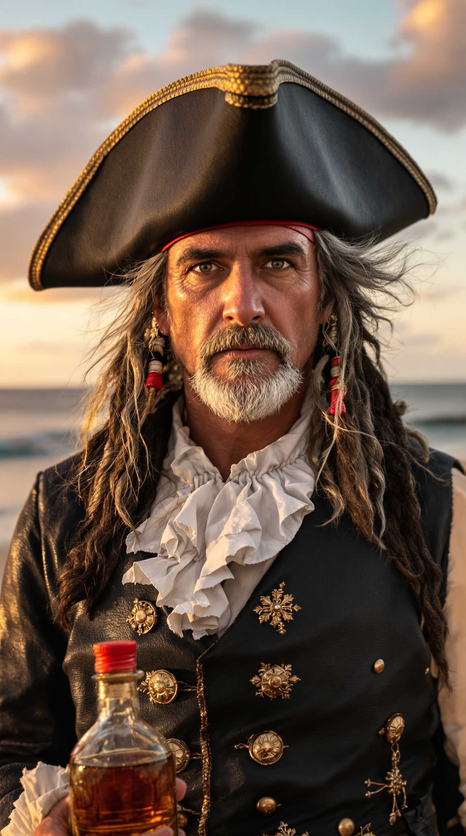 A high-resolution, realistic photograph of a close-up portrait of a person dressed in an elaborate pirate costume, standing outdoors on a sandy beach during a breathtaking sunrise or sunset. The background is softly blurred, revealing hints of a coastal area with golden sand and a distant ocean shimmering under warm, golden-hour light. The sky is painted with hues of amber and soft pink, casting long, dramatic shadows across the subject’s weathered face, enhancing the depth and emotion of the scene.

The subject, positioned centrally in the frame with a slight tilt of the head, exudes a rugged, adventurous charm. They wear a classic black tricorn hat, adorned with subtle wear and tear, perched atop long, wavy gray hair that cascades over their shoulders, tousled by a gentle sea breeze. Their costume is meticulously detailed: a supple black leather jacket with intricate gold trim and polished buttons, a white shirt with a ruffled collar peeking out, and a black vest embellished with ornate gold detailing. The textures are vivid—creases and folds in the fabric suggest a lived-in, authentic look, while the leather gleams faintly under the soft, diffused sunlight.

In their right hand, slightly off-center to draw focus, they hold a clear glass bottle with a red screw cap, filled with a rich, golden liquid, reminiscent of aged rum. The bottle catches the warm light, creating subtle reflections and highlights that add a tactile quality to the image. The camera angle is intimate, slightly low, looking up at the subject to emphasize their commanding presence against the expansive coastal backdrop.

The artistic style is hyper-realistic, captured as if with a high-end digital camera, prioritizing sharpness and intricate details in the costume’s textures and the bottle’s transparency. The color palette is warm and muted, with golden sunset tones contrasting beautifully against the cool blues of the ocean and the dark, rich tones of the pirate’s attire. The lighting is soft and cinematic, with the golden-hour sun casting a serene, inviting glow over the scene, evoking a mood of nostalgia and quiet adventure. The composition and atmosphere blend seamlessly, creating a captivating, believable moment frozen in time.